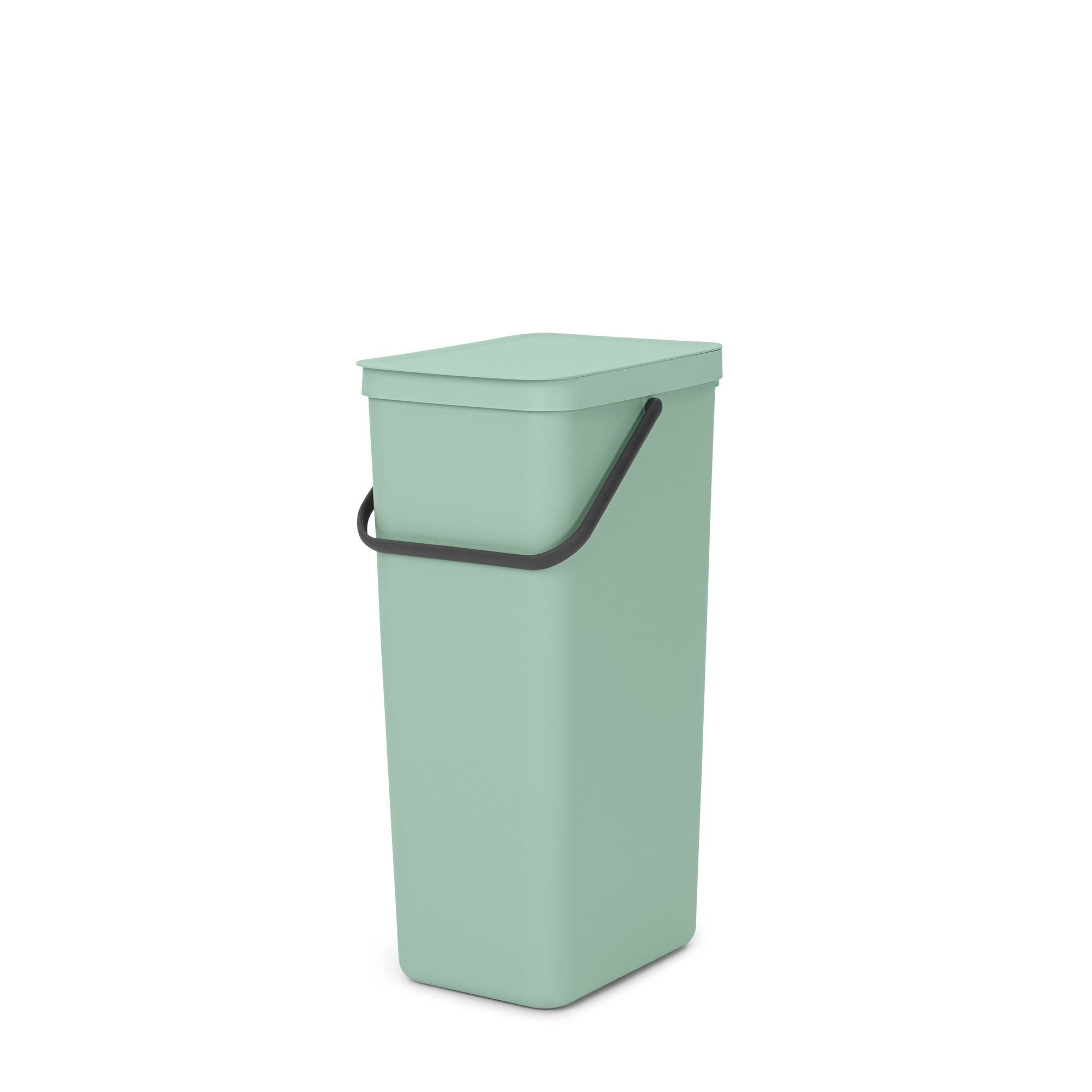 Une poubelle rectangulaire vert pâle avec poignée et couvercle sombres.