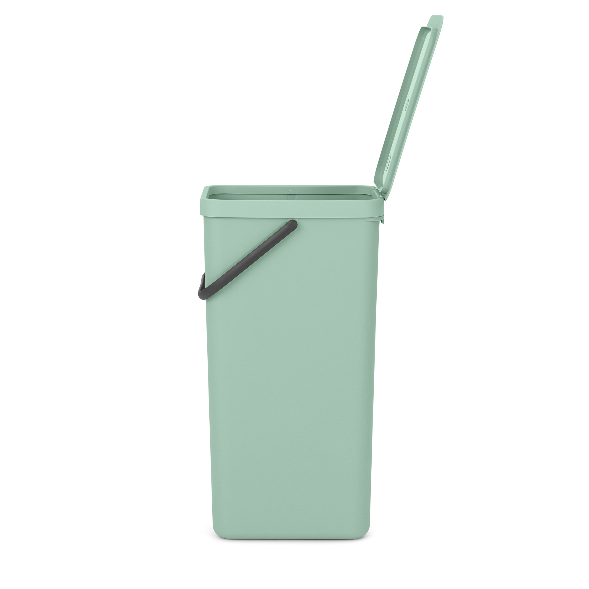 Une poubelle vert clair avec un couvercle ouvert et une poignée grise.