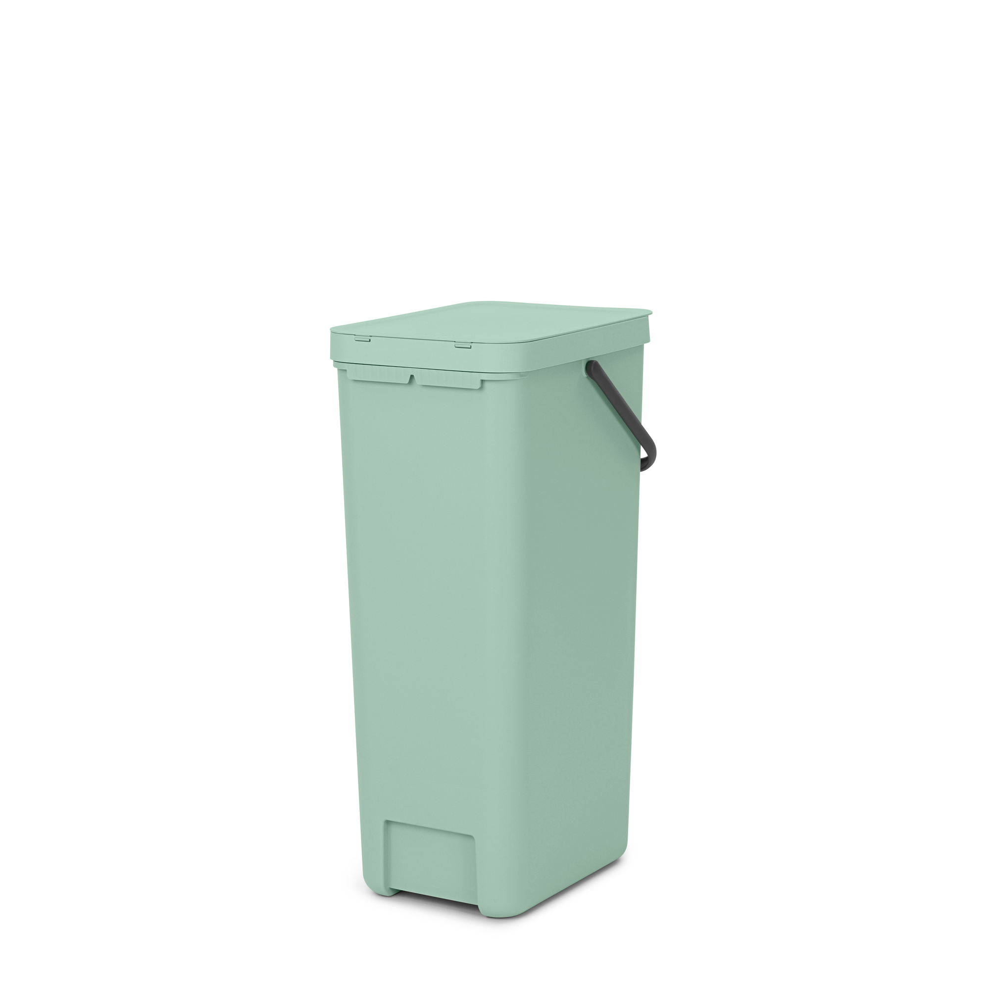 Une poubelle haute, vert clair, avec une poignée gris foncé et un couvercle.