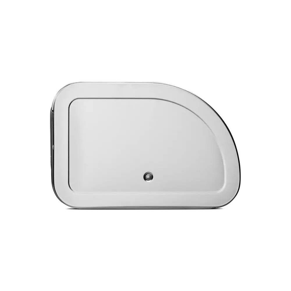 Een glimmende, zilverkleurige broodtrommel met afgeronde hoeken en een klein handvat.