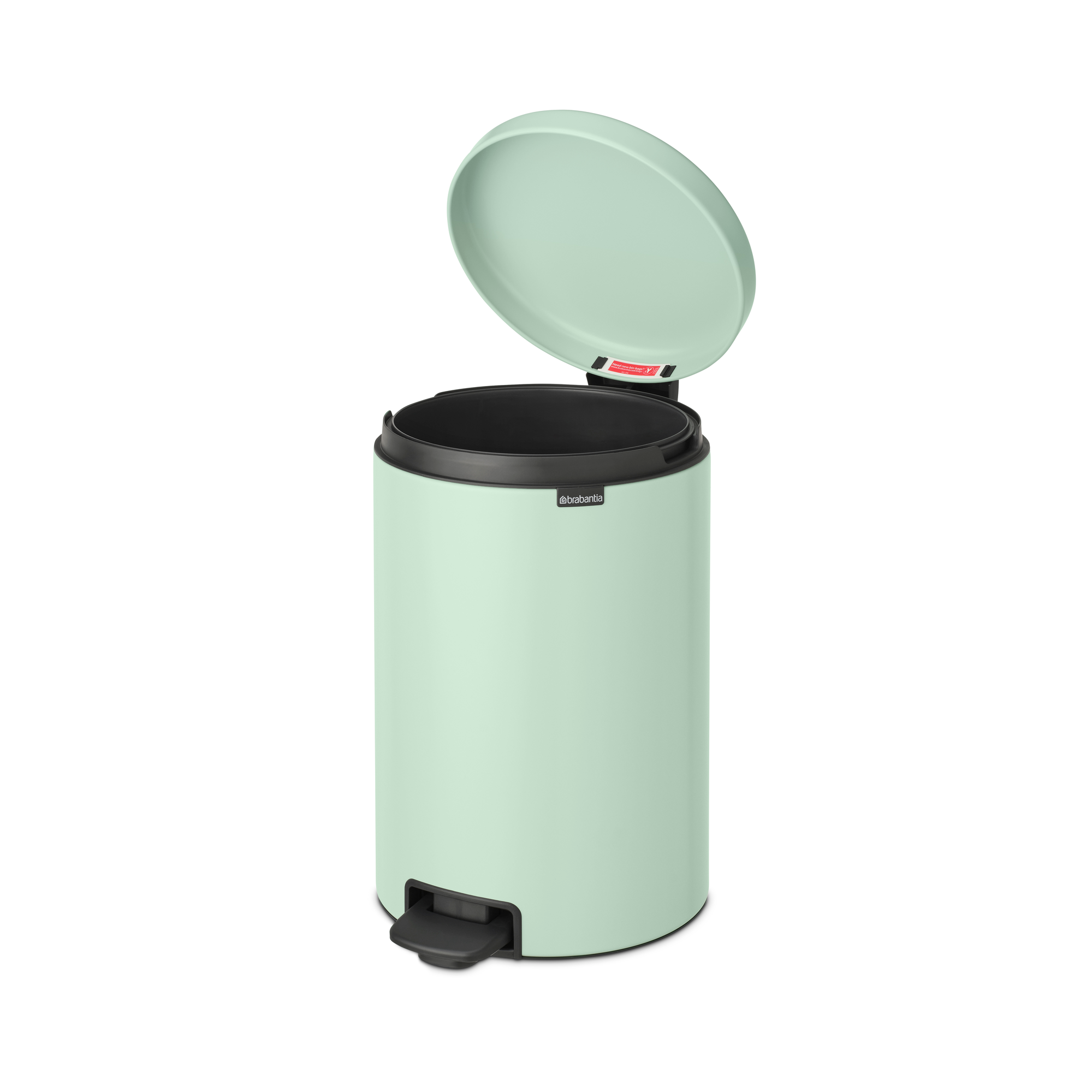 Un cubo de basura de pedal verde claro con tapa abierta y interior negro.