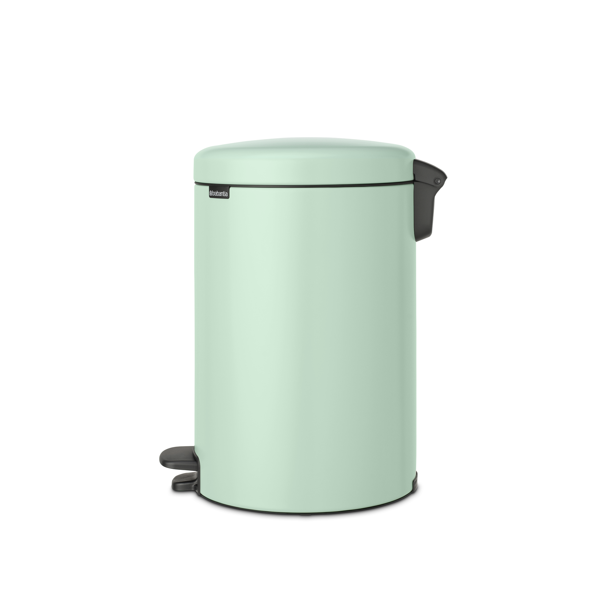 Un cubo de basura de pedal verde claro con tapa y pedal negros.