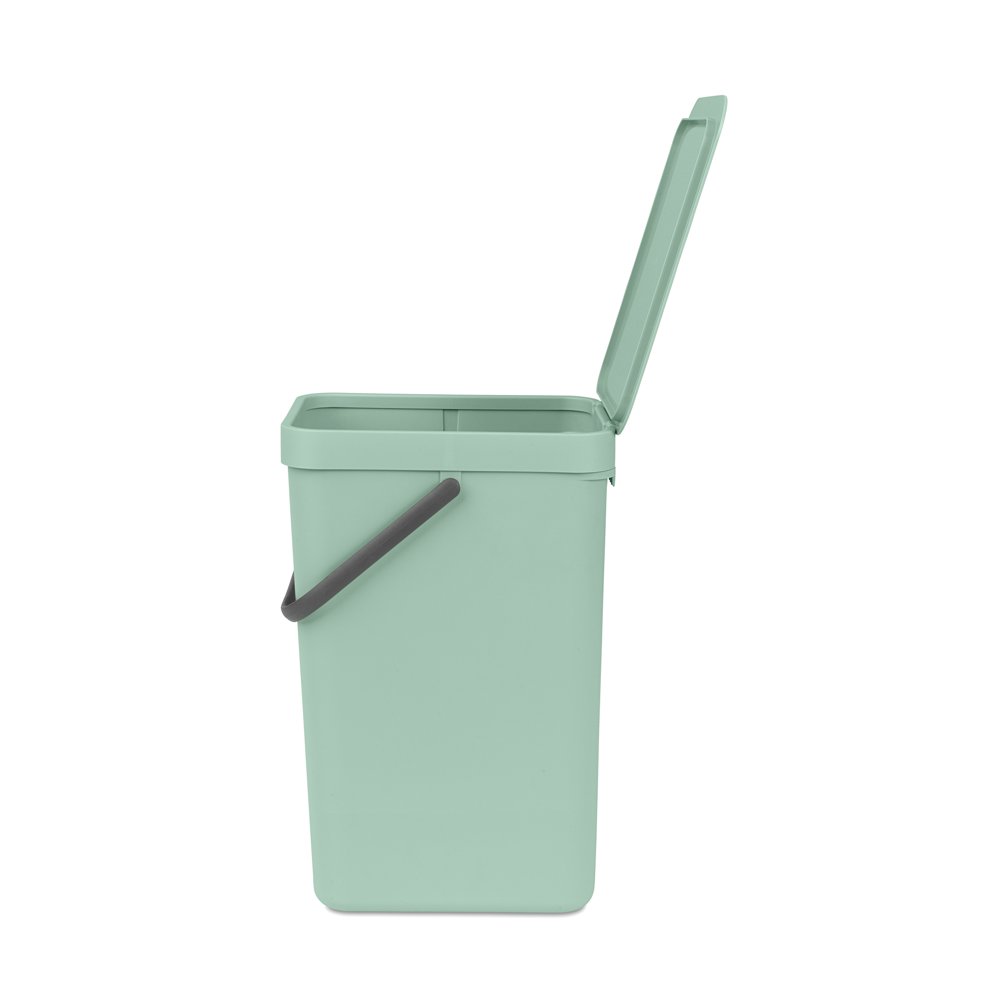 Een mintgroene prullenbak met een handvat en een open deksel.
