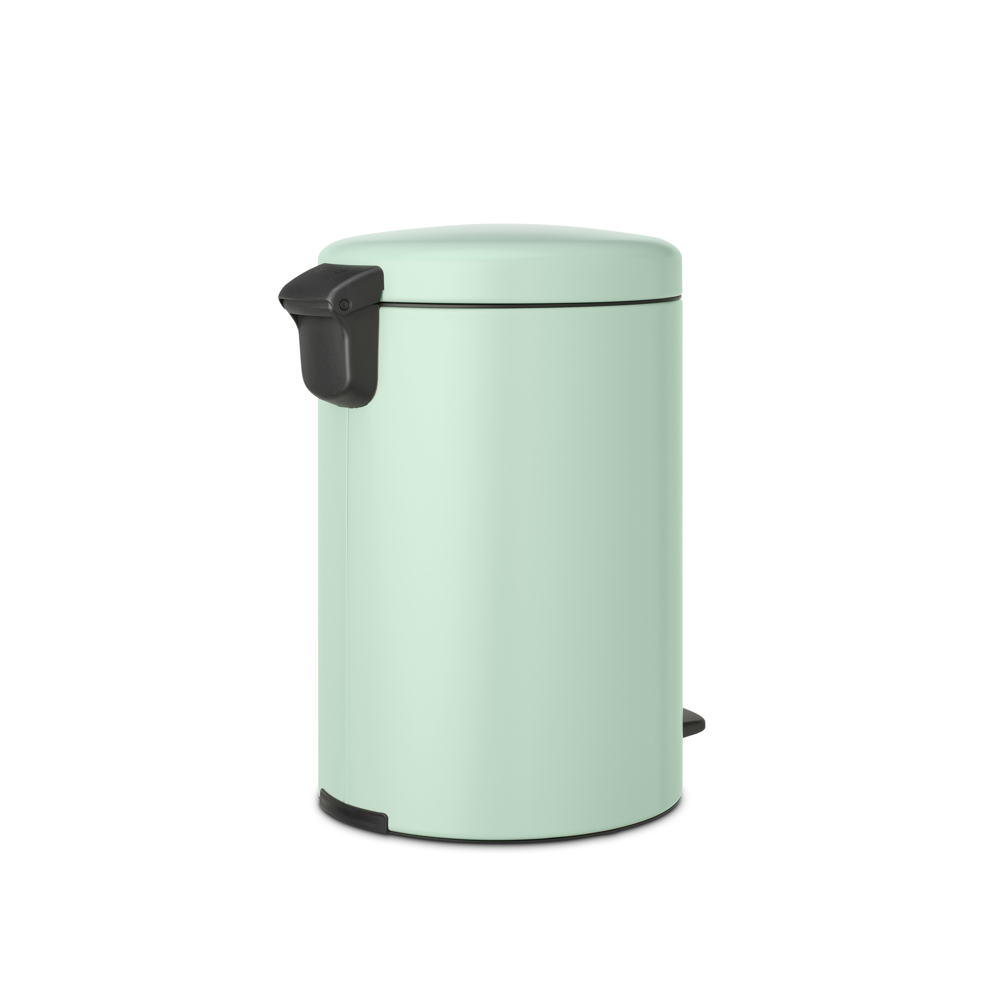 Un cubo de basura verde claro con pedal y asa negros.