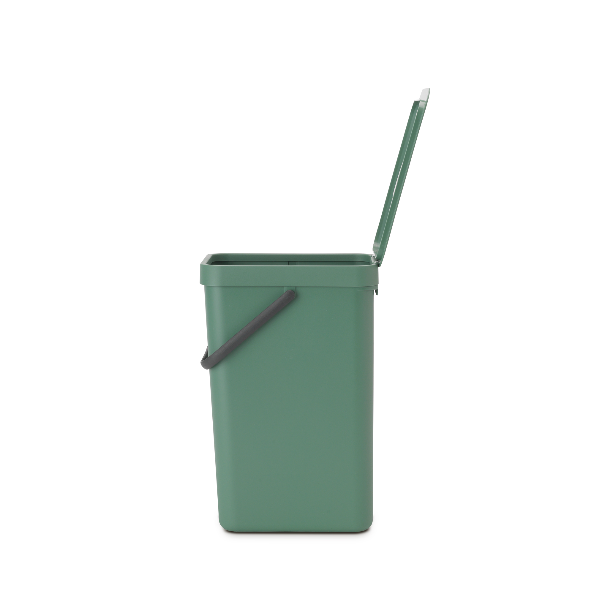Een groene prullenbak met open deksel en handvat.