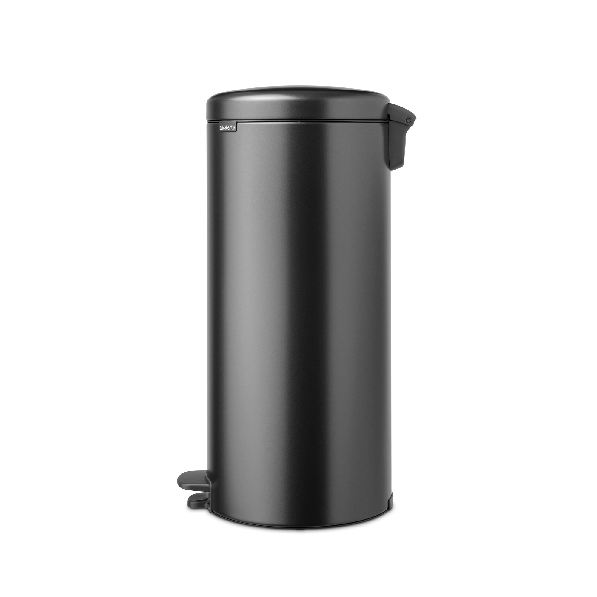 Un cubo de pedal Brabantia gris oscuro con asa y pedal plateados, sobre fondo blanco.