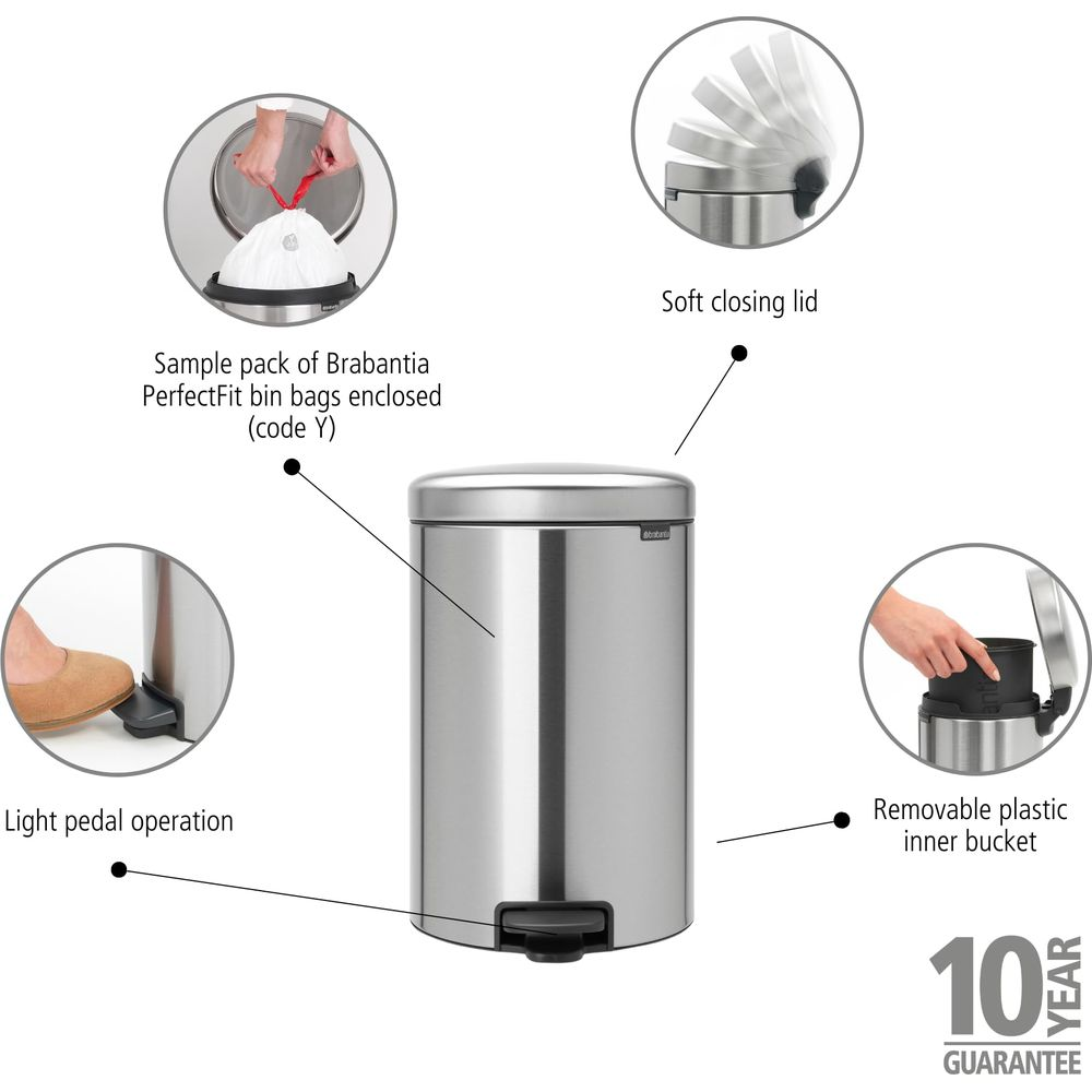 Brabantia prullenbak met soft-close deksel, voetpedaal, binnenemmer en 10 jaar garantie.