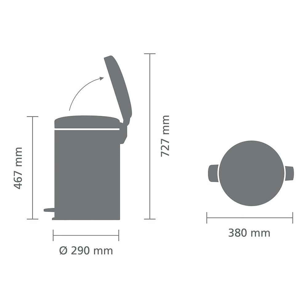 Technische tekening van een prullenbak: zijaanzicht (467x727mm) en bovenaanzicht (380mm).