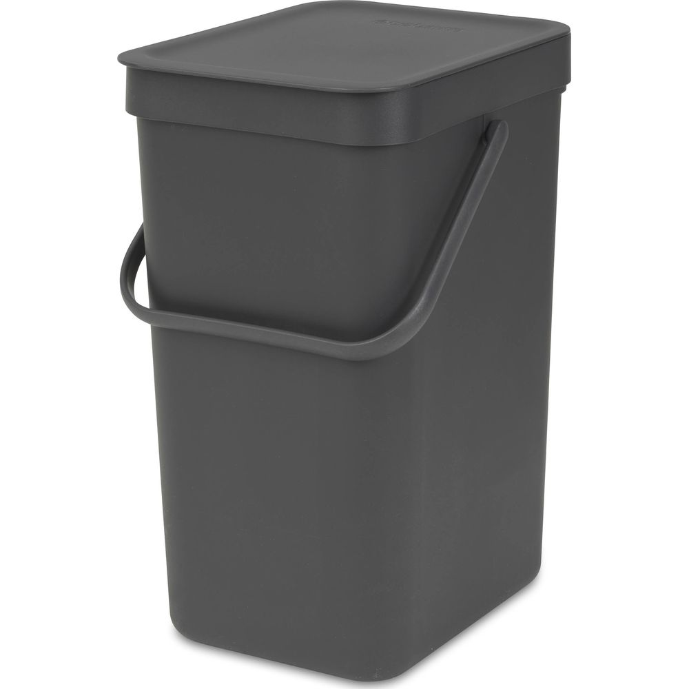 Een donkergrijze, rechthoekige compostbak met een bevestigd handvat en deksel.