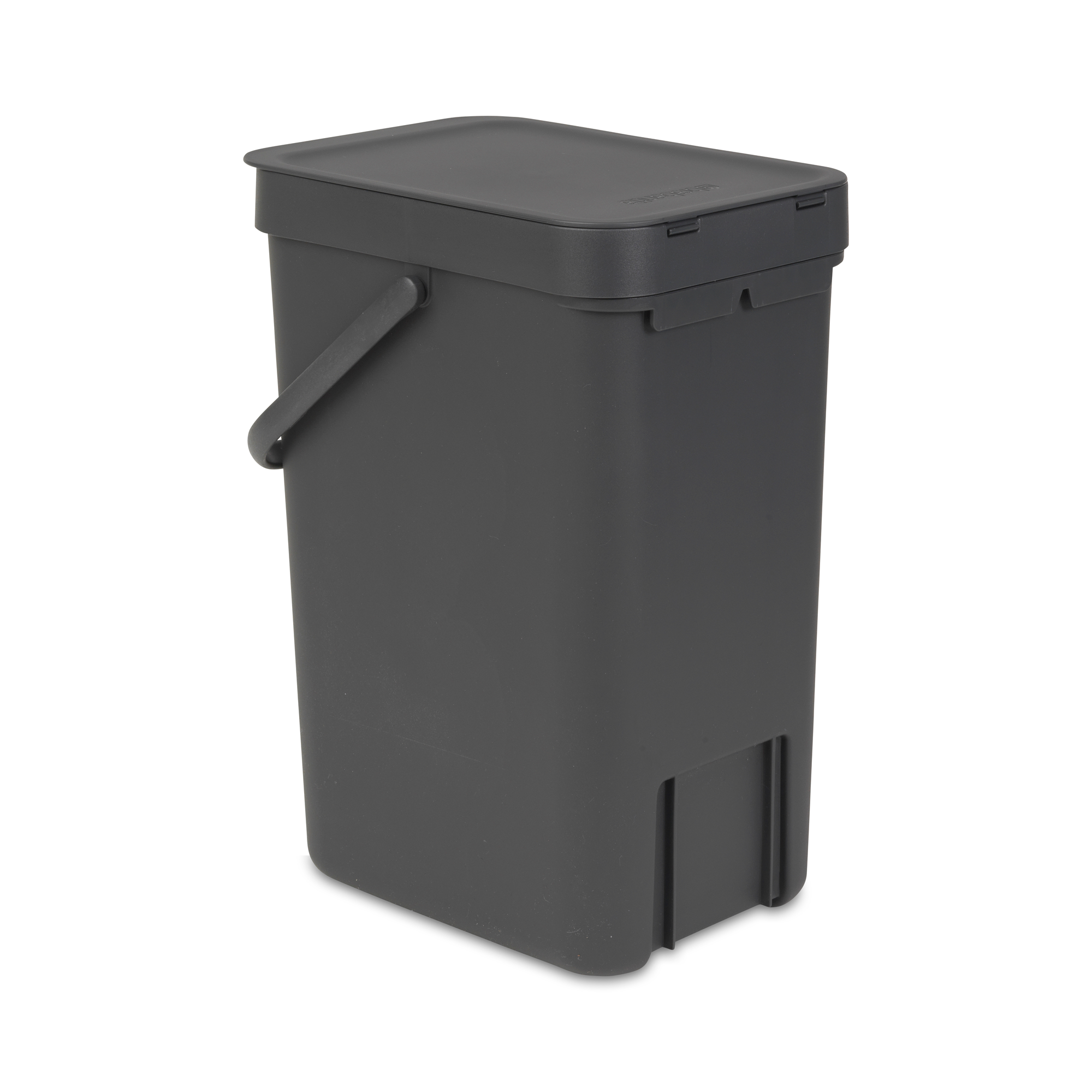 Een donkergrijze, rechthoekige compostbak met deksel en handvat.