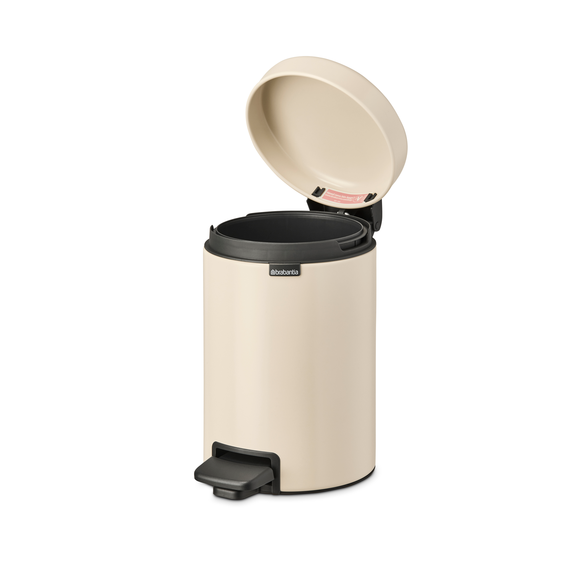 Beige pedaalemmer met open deksel en zwarte binnenemmer.