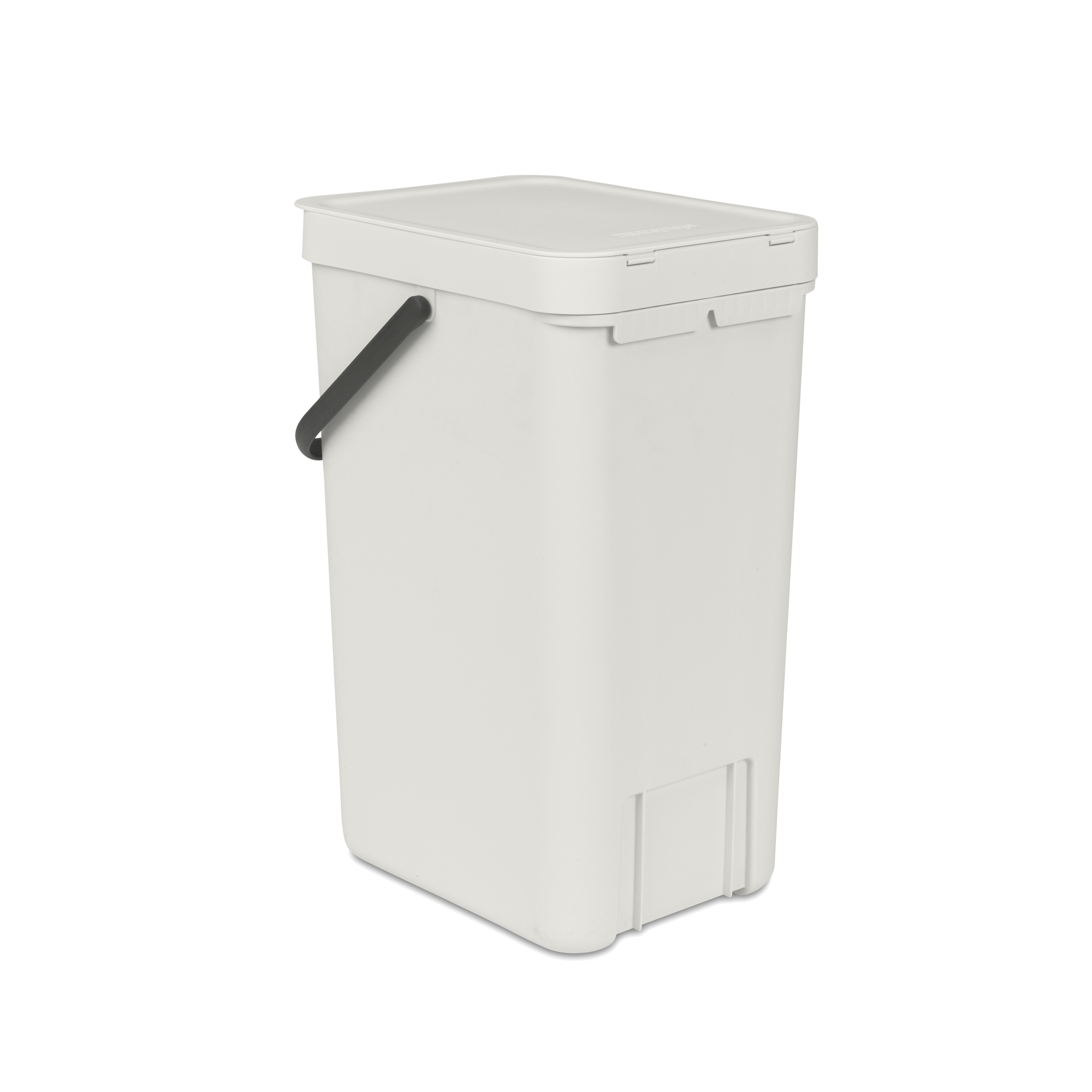 Een witte rechthoekige bak met een donker handvat en een deksel.