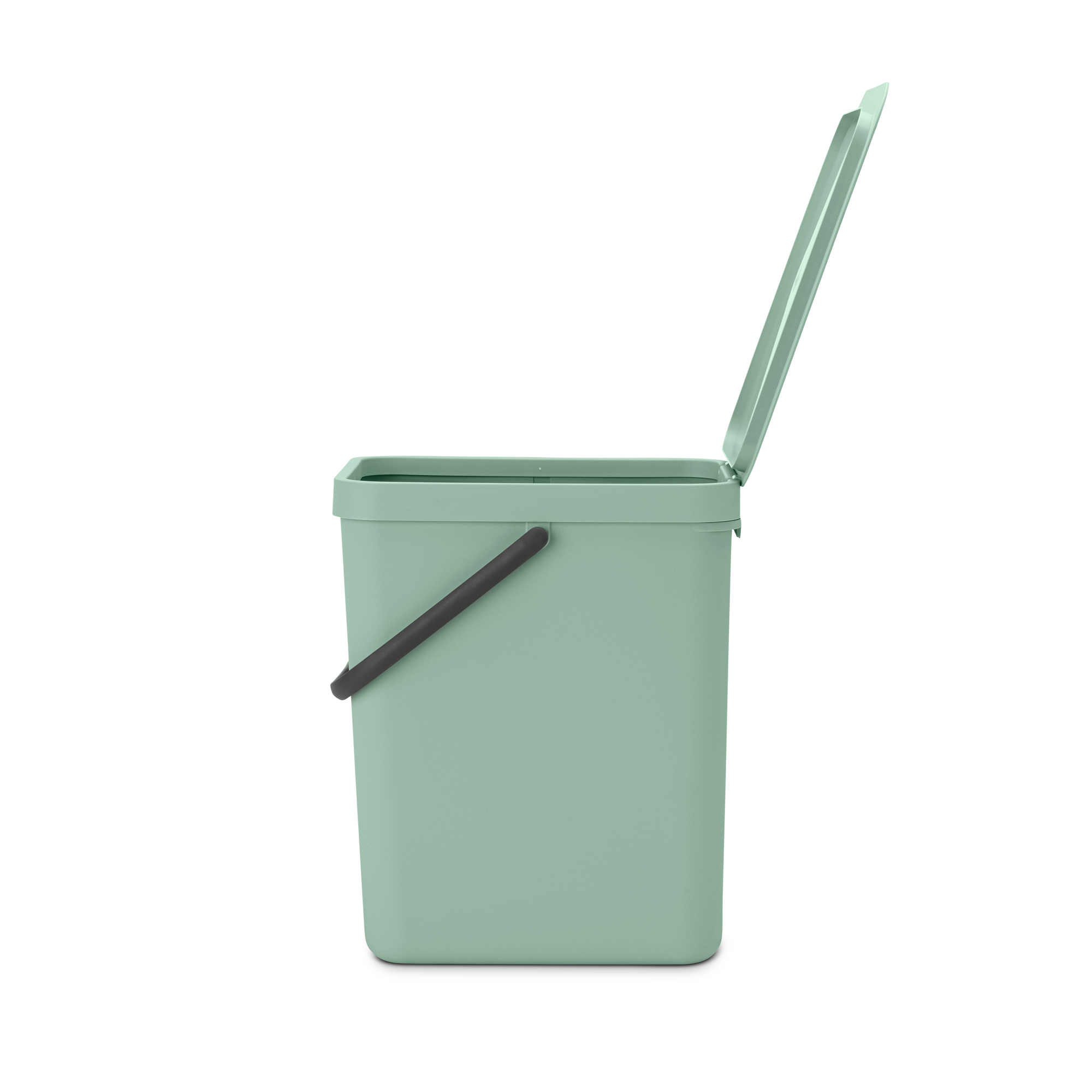 Een lichtgroene prullenbak met een open deksel en een zwart handvat.
