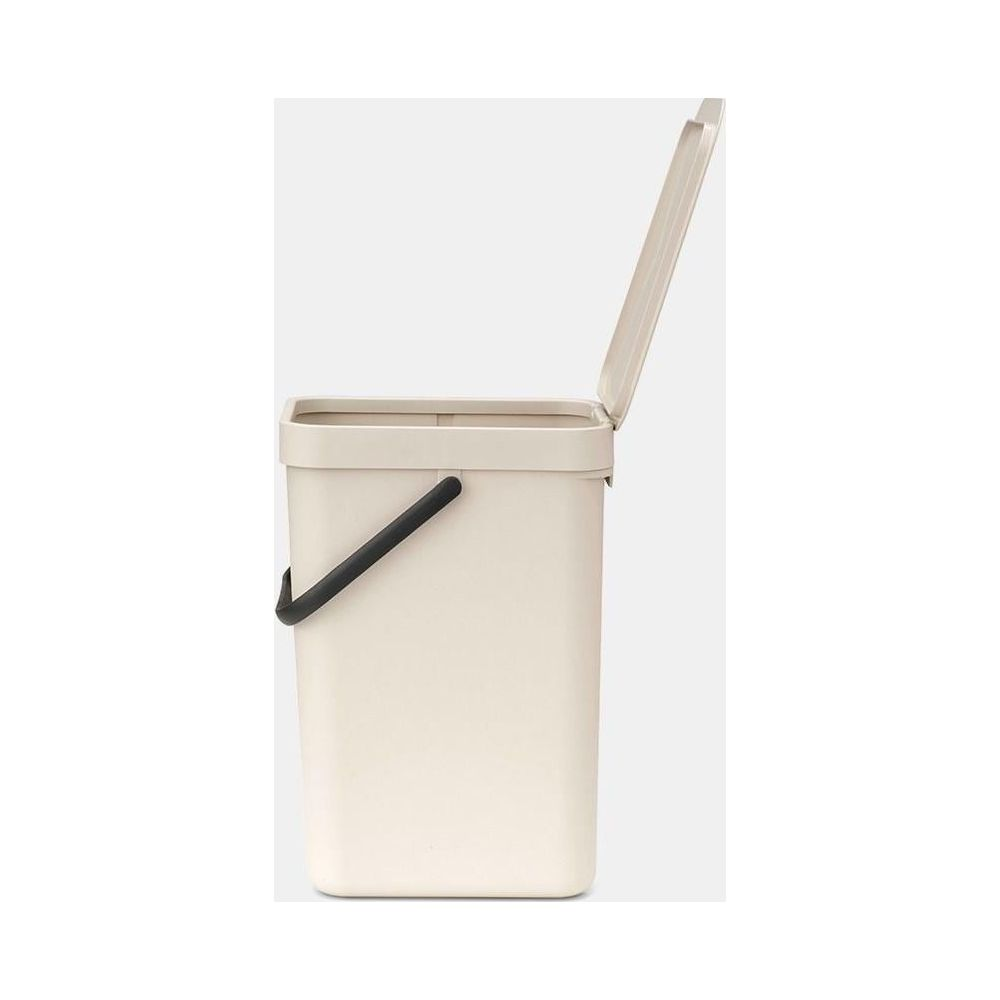 Beige rechthoekige prullenbak met open deksel en zwart handvat.