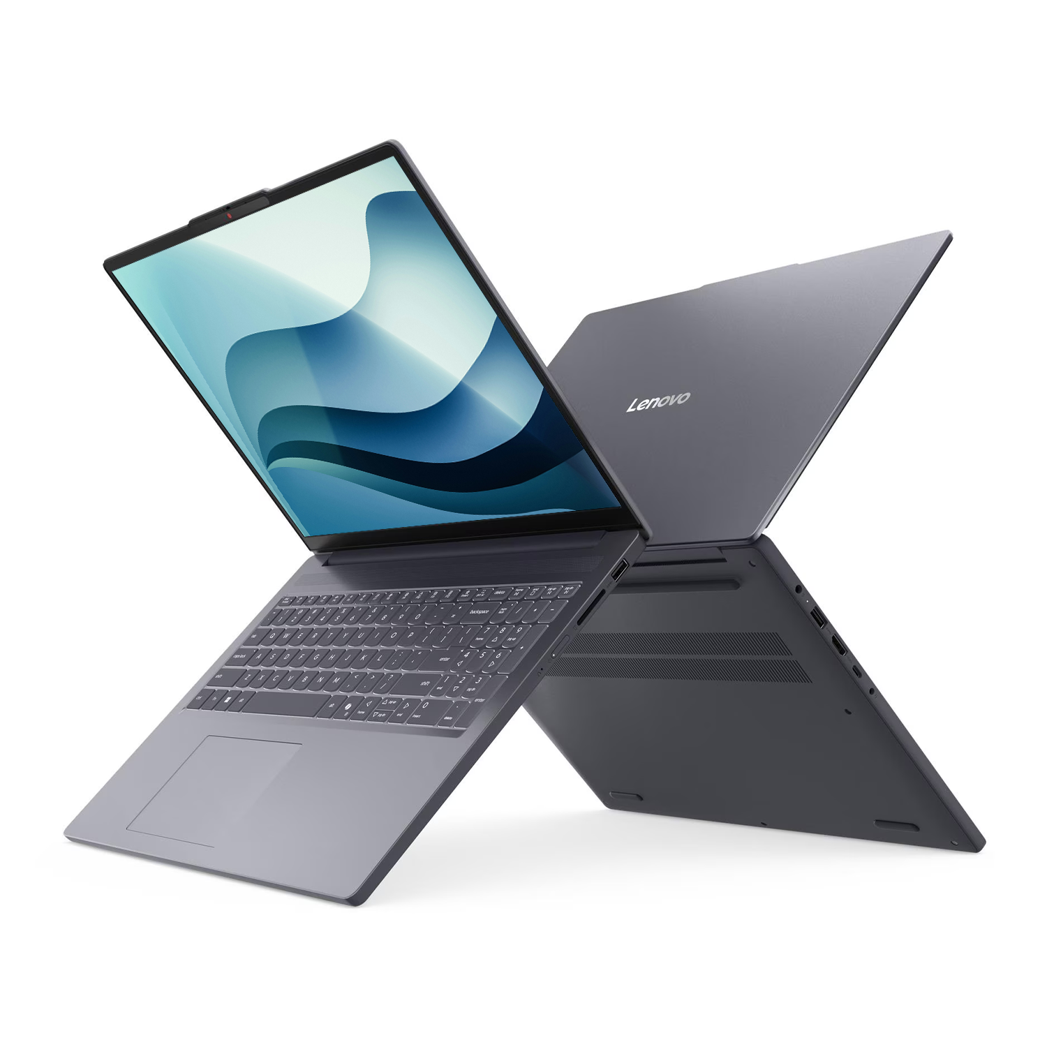 Gri bir Lenovo dizüstü bilgisayar açık olup soyut mavi bir duvar kağıdı gösteriyor.