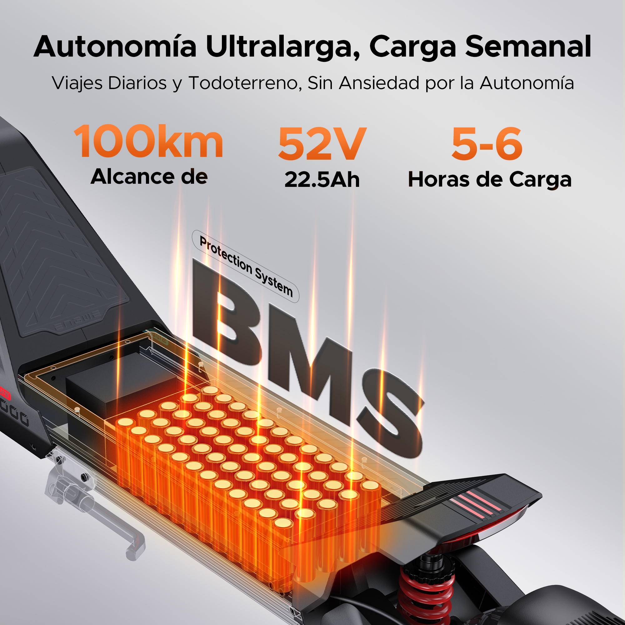 Primer plano de batería de patinete eléctrico: 100km, 52V, 22,5Ah, carga 5-6h y BMS.