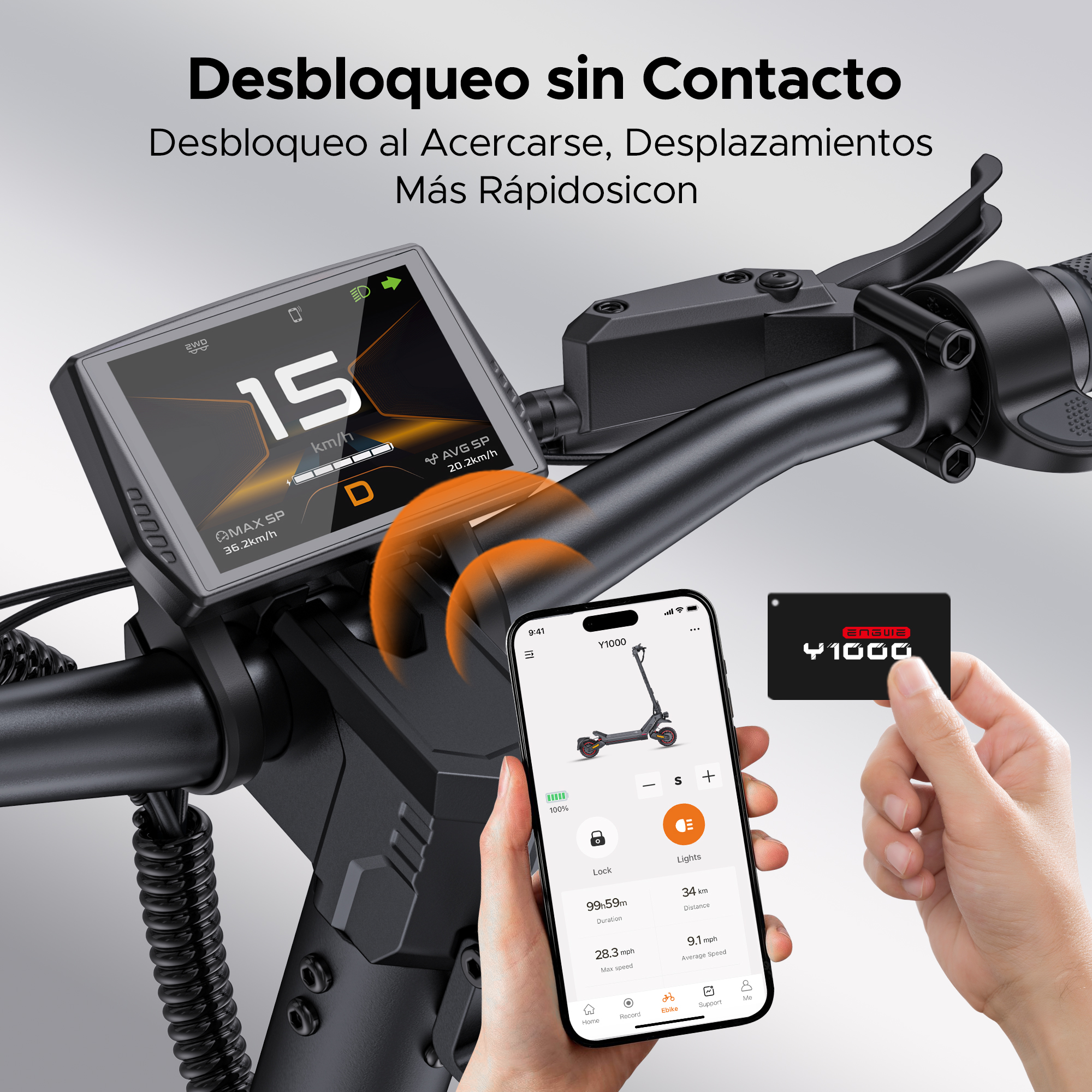 Primer plano del manillar de un patinete eléctrico con pantalla digital, app y tarjeta.