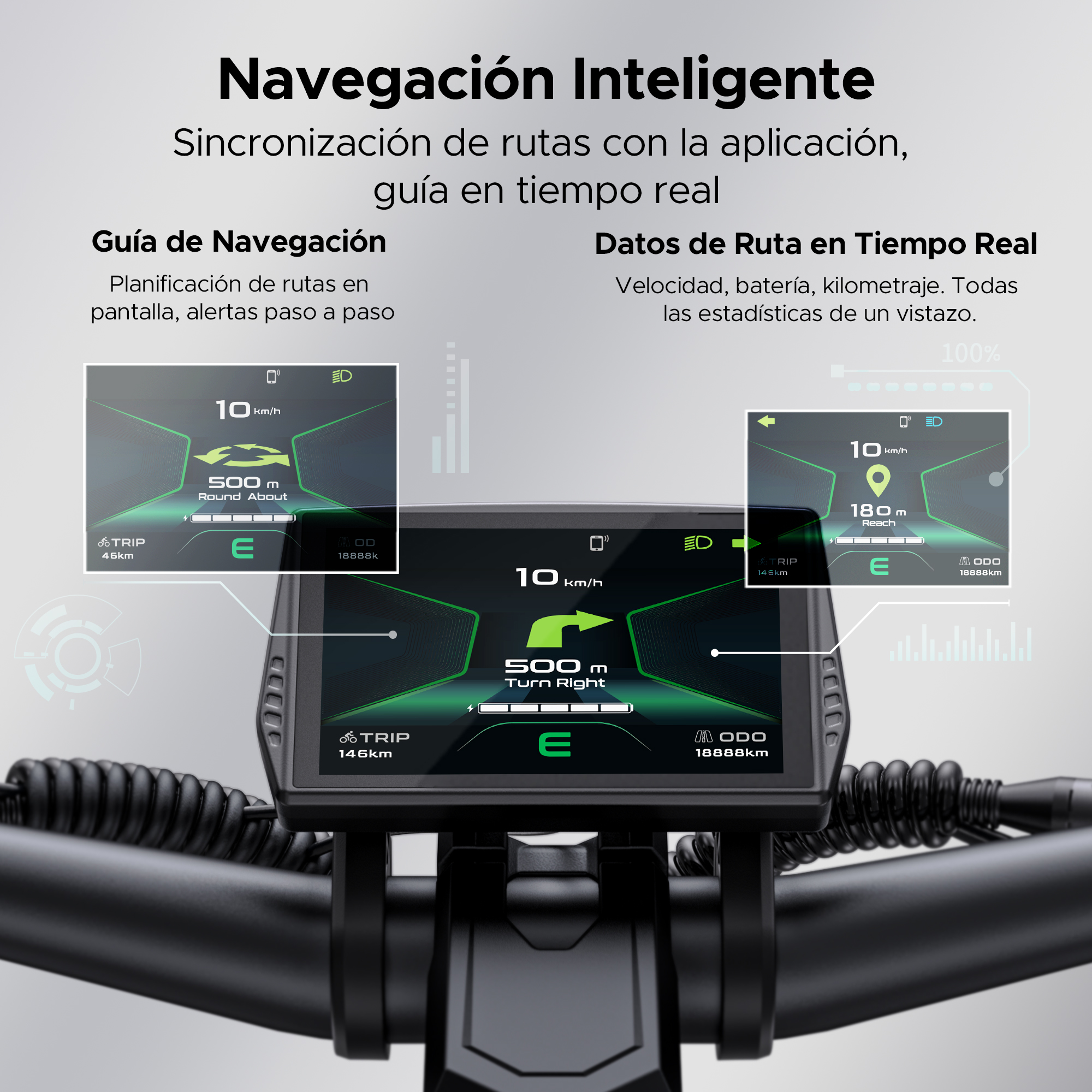 Pantalla de bicicleta eléctrica con navegación y datos de viaje.