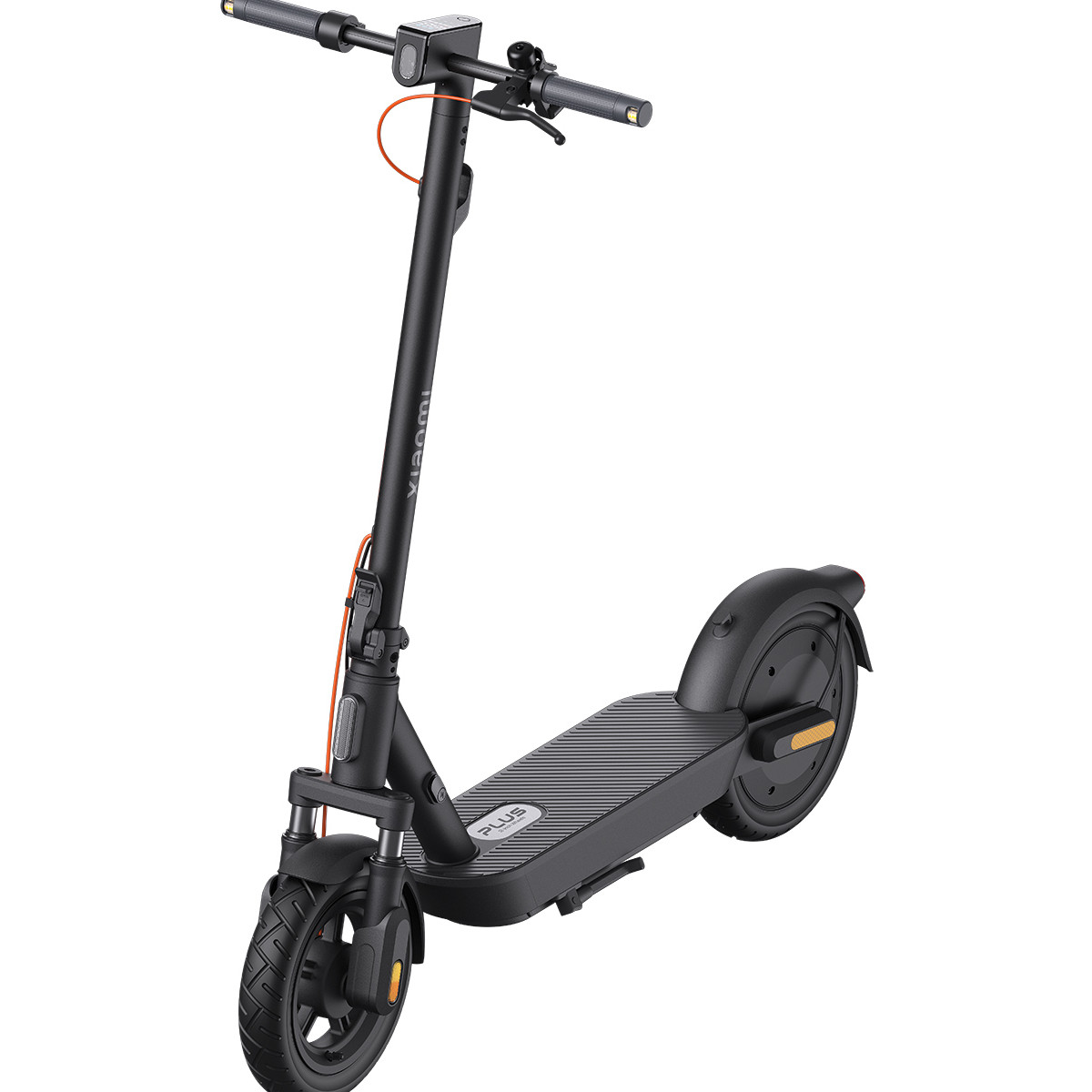 Uno scooter elettrico Xiaomi nero con manubrio, pedana e ruote.