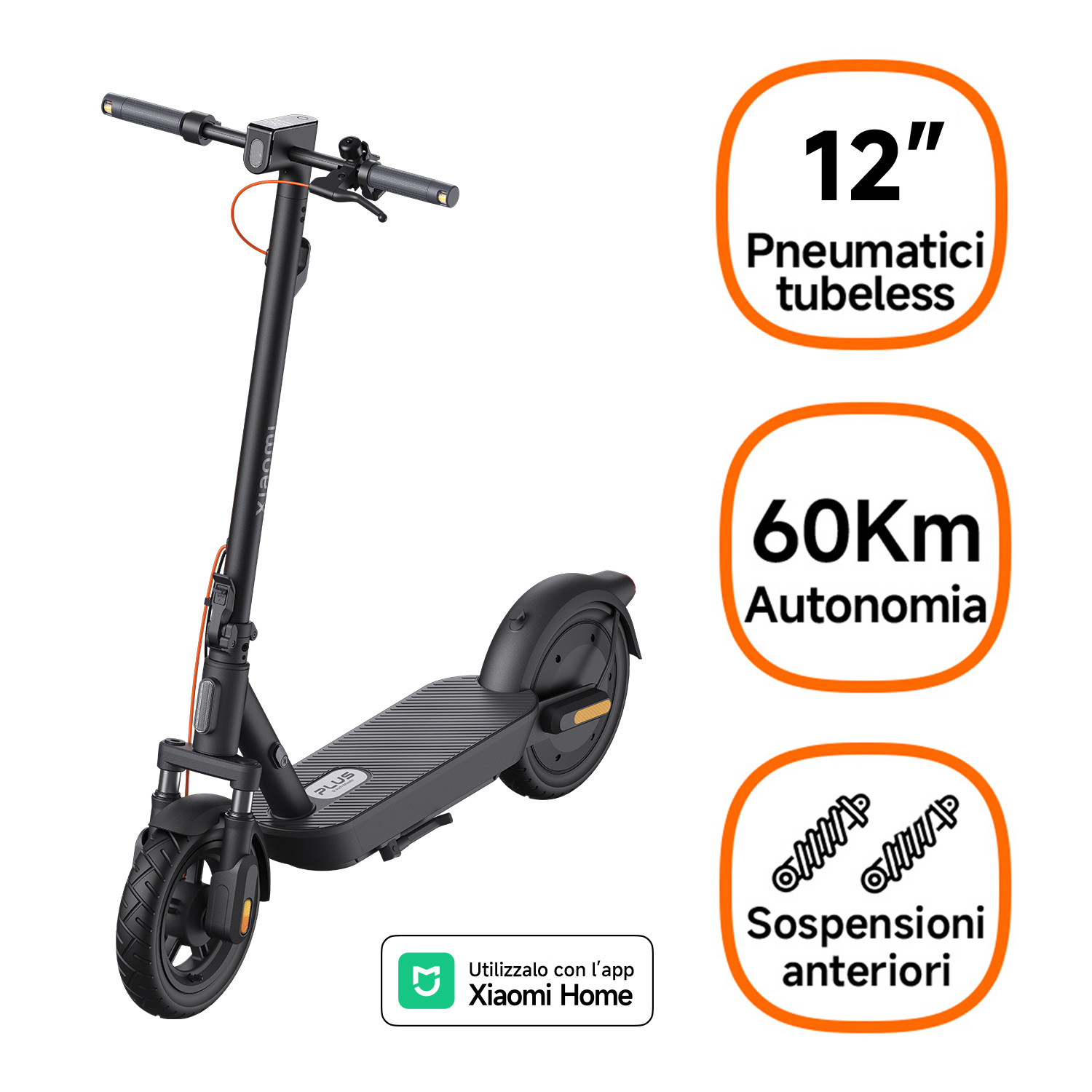 Monopattino elettrico nero con ruote da 12 pollici, autonomia 60 km.