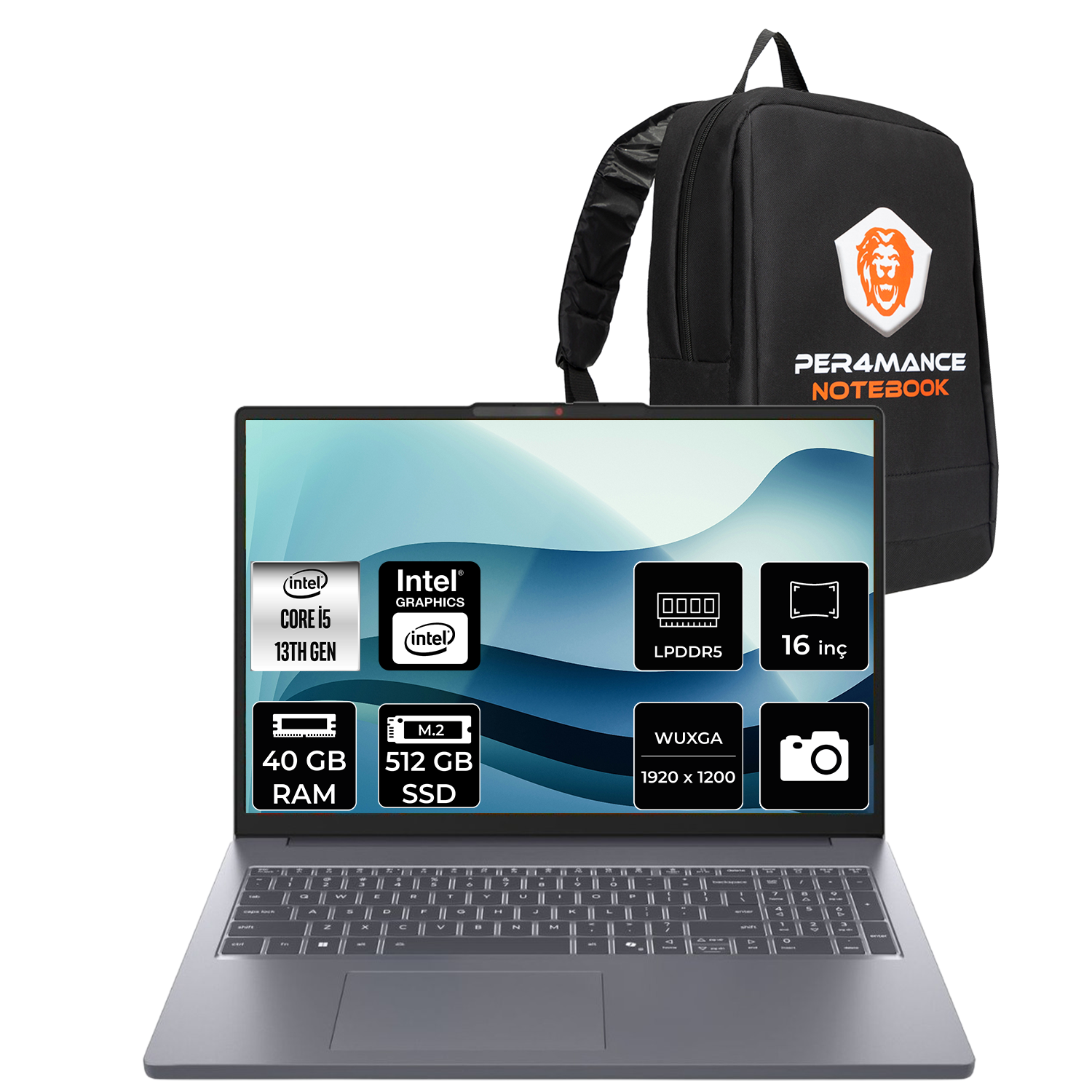 Intel Core i5, 40GB RAM, 512GB SSD'li gri dizüstü bilgisayar ve siyah sırt çantası.