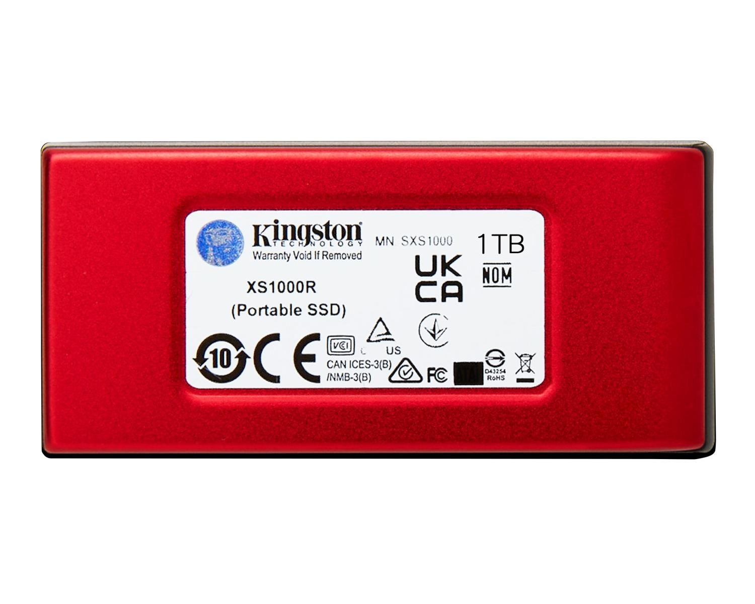 Red Kingston 1TB portable SSD with certification markings.