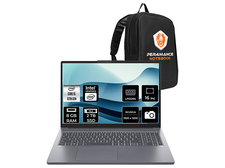 LENOVO IP Slim 3 FHD+ 83K20077TRP304 Intel Core i5-13420H 8 GB RAM 2 TB SSD 16 inç FreeDOS Laptop+Çanta Metalik Gri