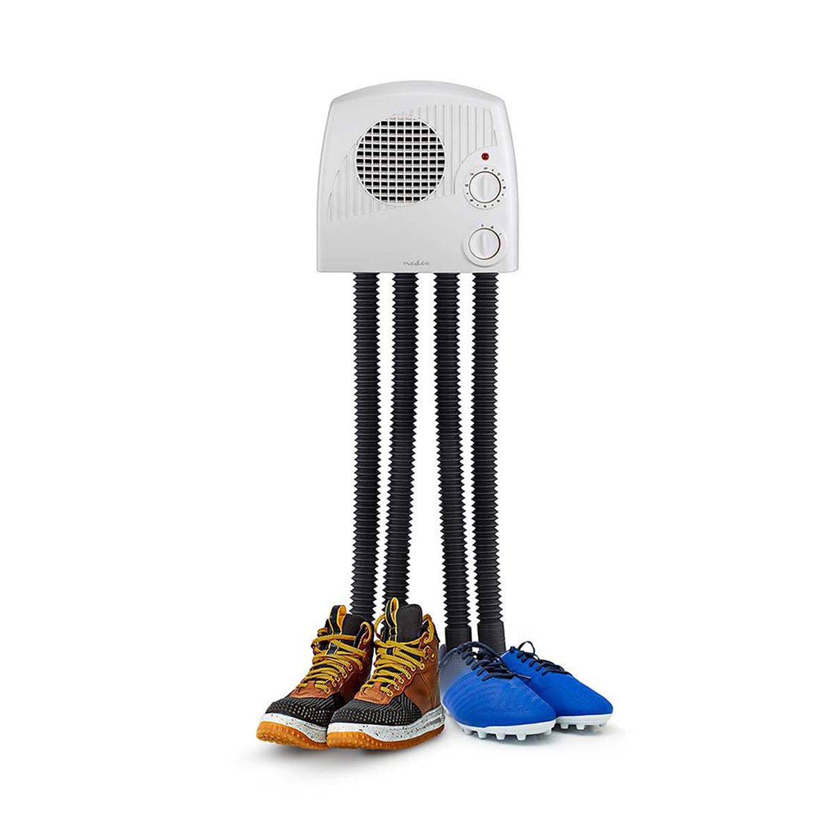 Ein weißer Schuhtrockner mit zwei Schläuchen, die in braune und blaue Schuhe ragen.