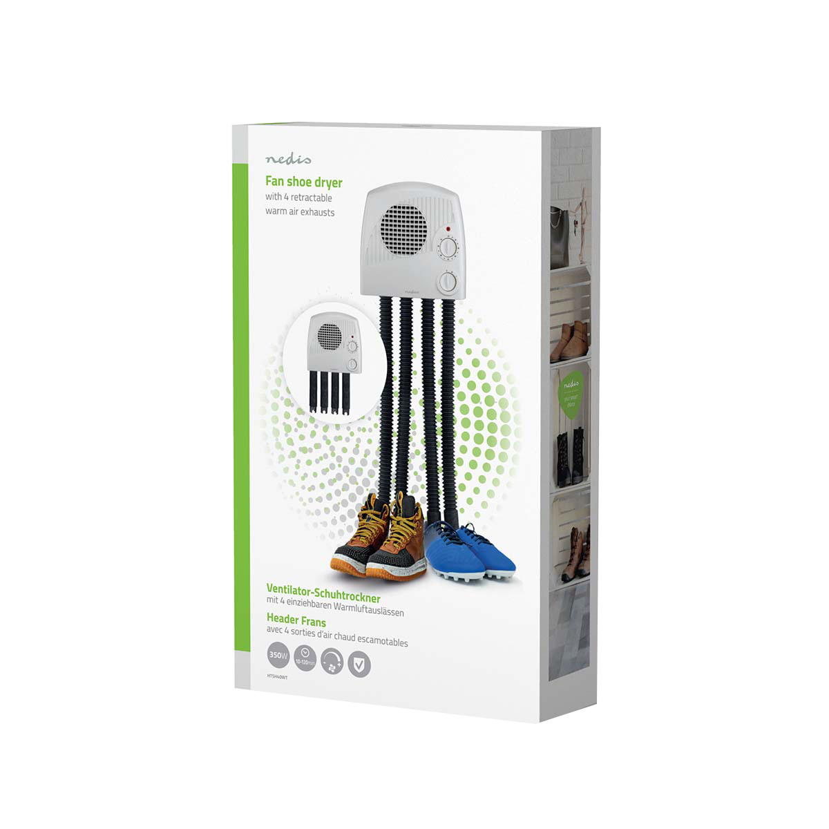 Ein weißer Nedis Ventilator-Schuhtrockner mit vier Schläuchen und Schuhen.