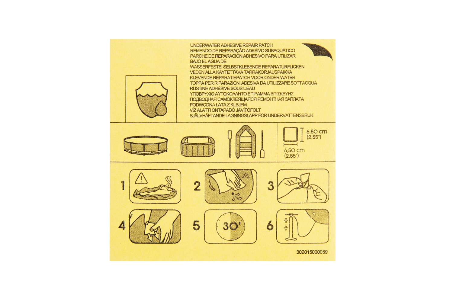 Anleitung für einen Unterwasser-Reparaturband: 6,50 cm, 30 Min. Wartezeit.