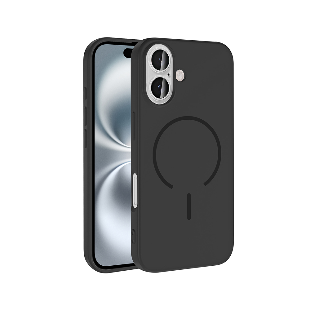 Gümüş bir telefonda manyetik halka detaylı siyah telefon kılıfı.