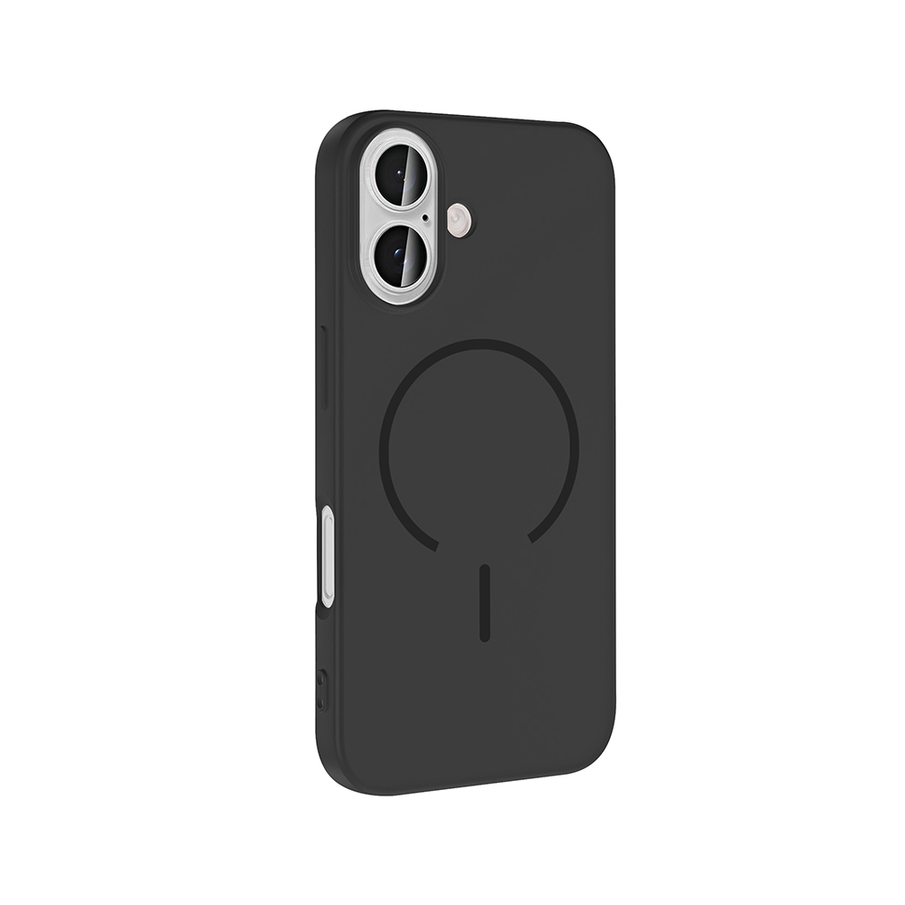 Dairesel manyetik göstergeli ve çift kamera lensli siyah telefon kılıfı.