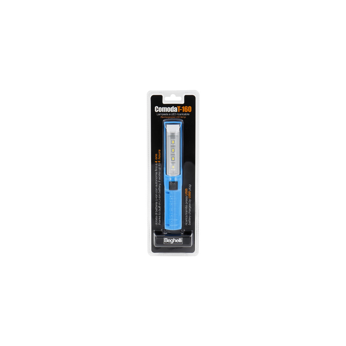 Luz LED azul con carga USB, 4 horas de batería.
