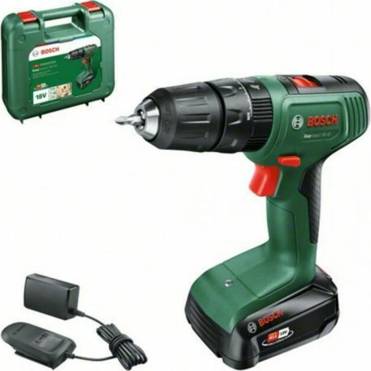 Trapano a batteria Bosch verde con accessori: valigetta, caricabatterie e batteria.