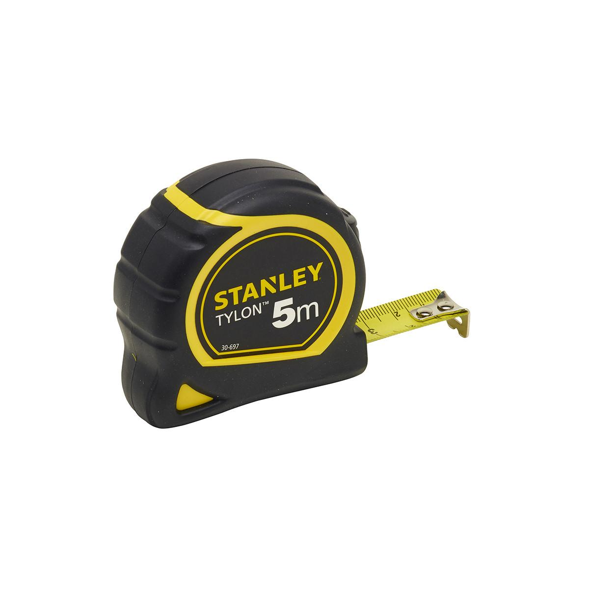 Black Stanley tape measure with yellow accents, metal end extended.