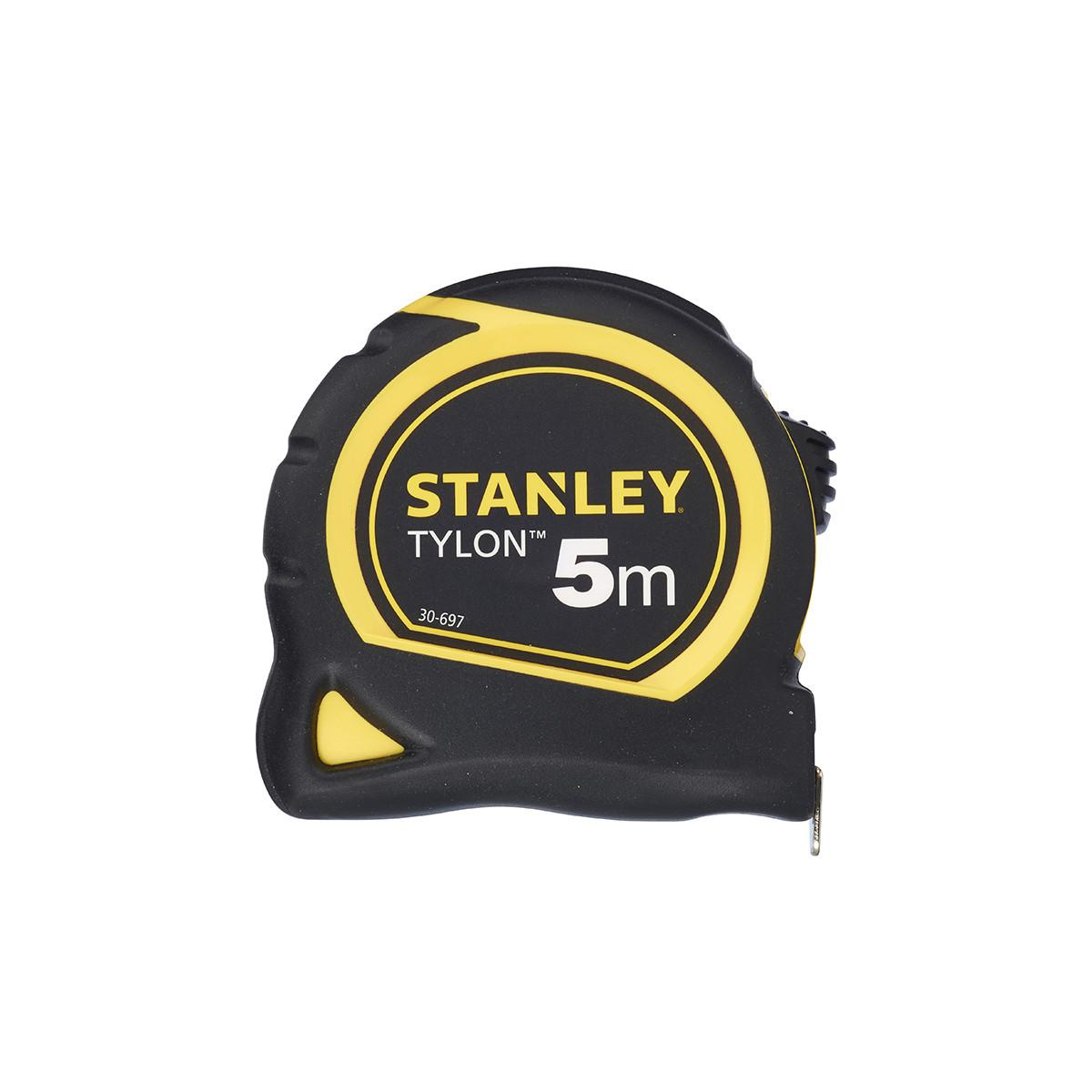 Black Stanley tape measure with yellow stripe and 5m marking.