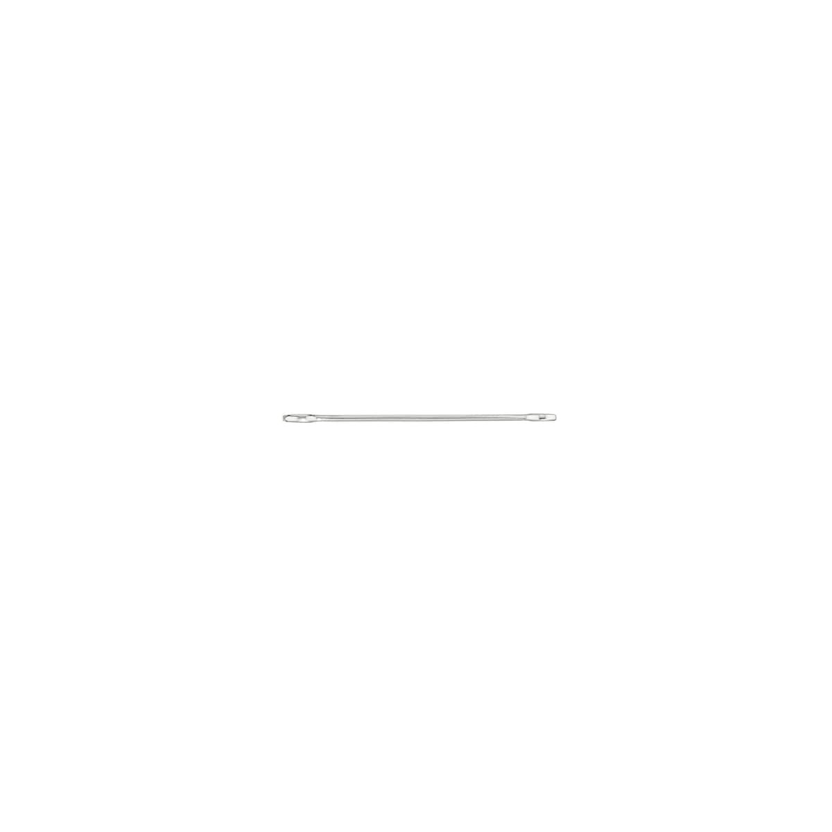 A thin, silver metal rod with eyelets on each end.