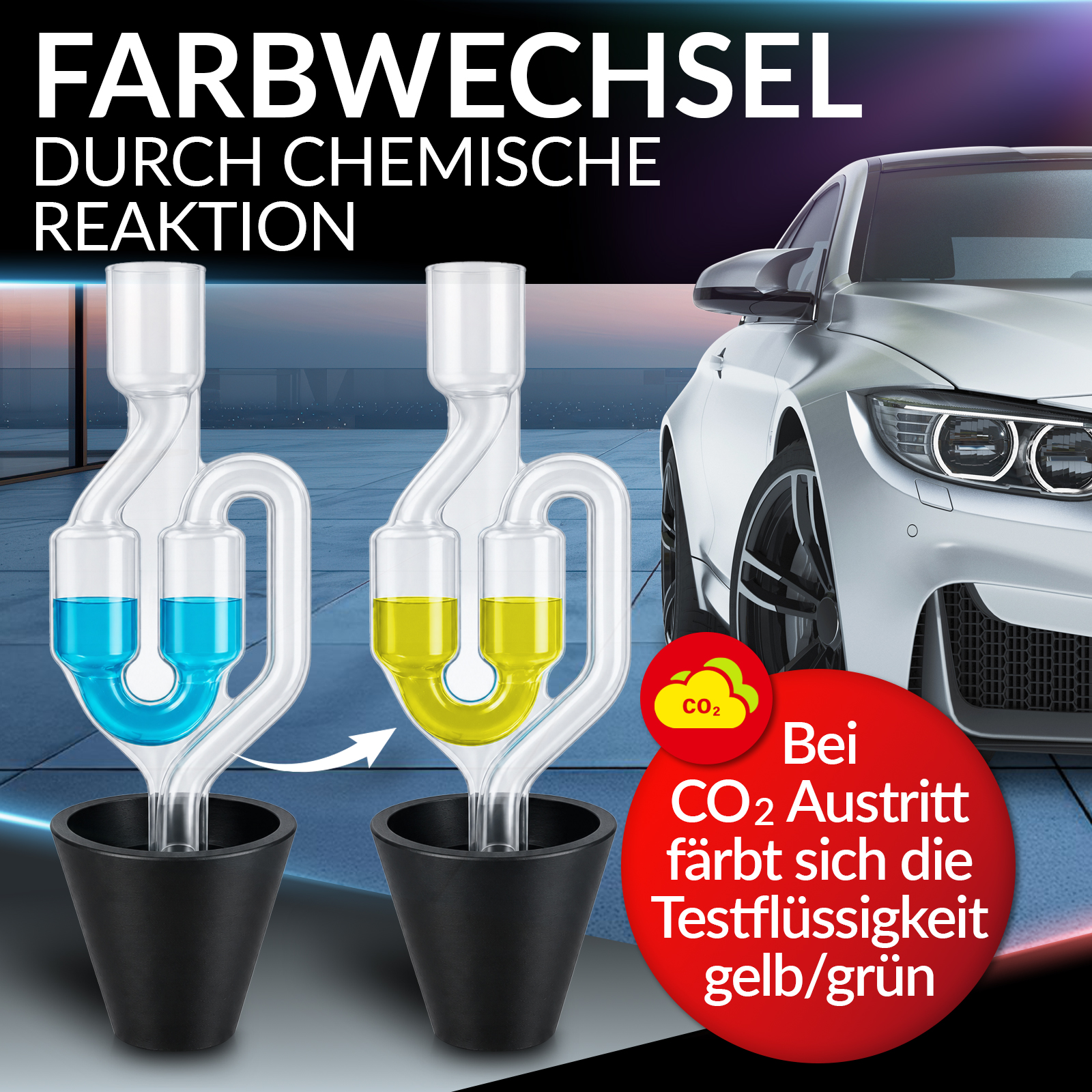 Chemische Reaktion zeigt Farbwechsel von Blau zu Gelb bei CO2 Austritt. Silbers Auto.