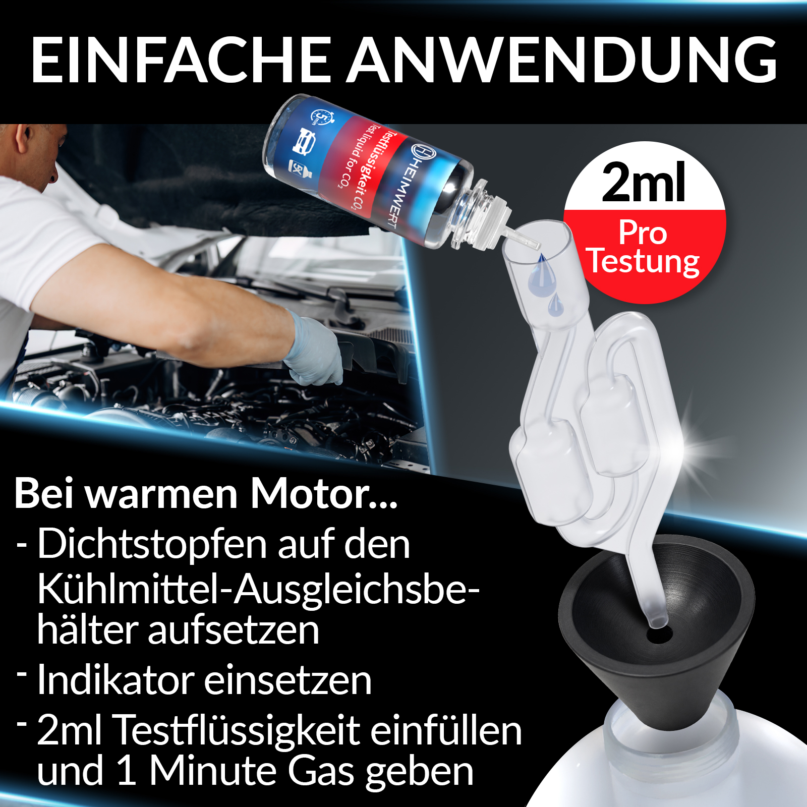 Mechaniker füllt Testflüssigkeit in Auto-Kühlmittelbehälter, um CO2 zu prüfen.