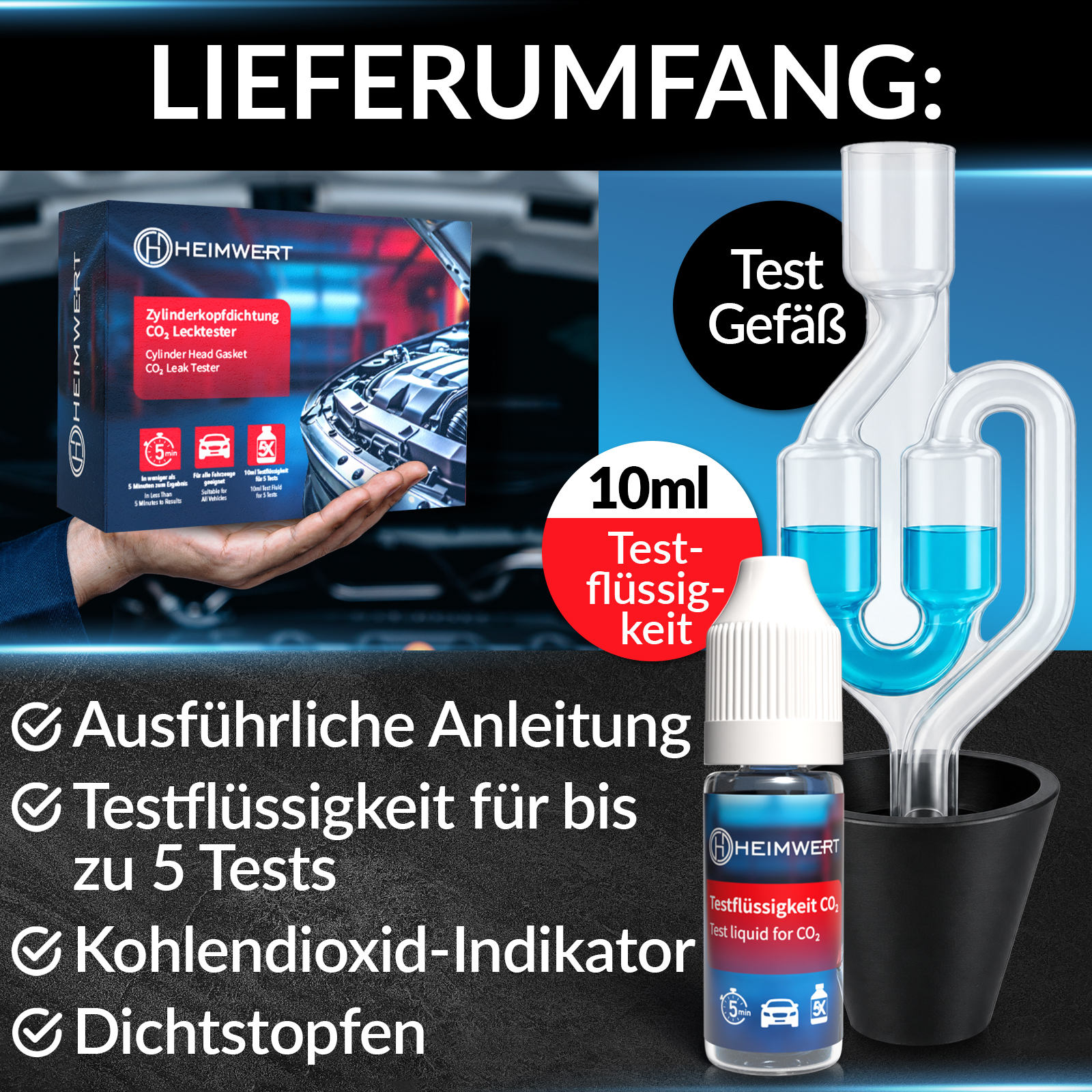 Ein Zylinderkopfdichtungs-CO₂-Lecktester-Set mit Anleitung und Testflüssigkeit.