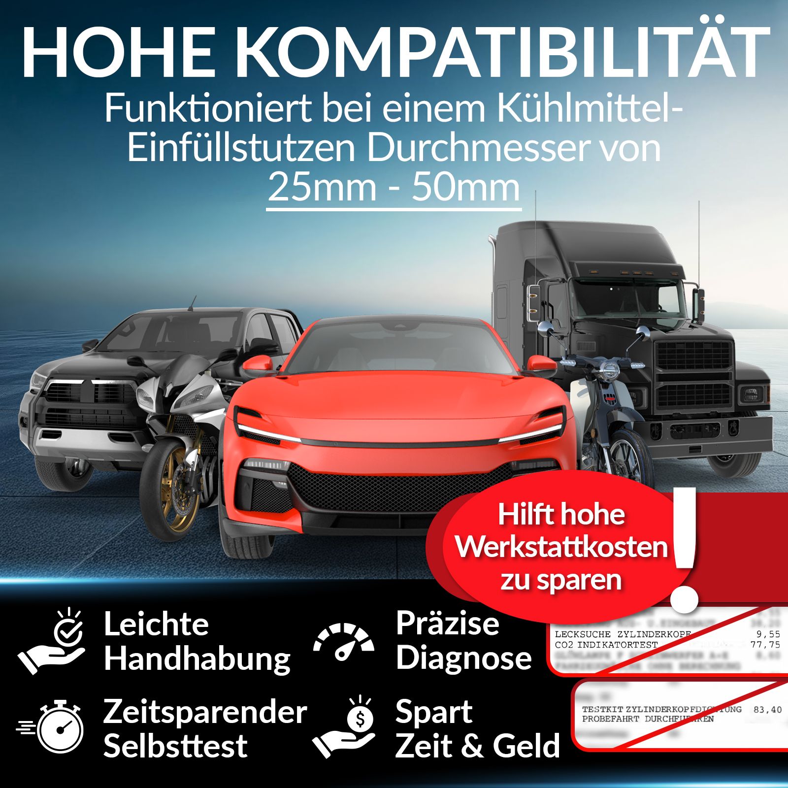 Fahrzeuge und Motorrad vor blauem Himmel, mit Text über Kompatibilität.