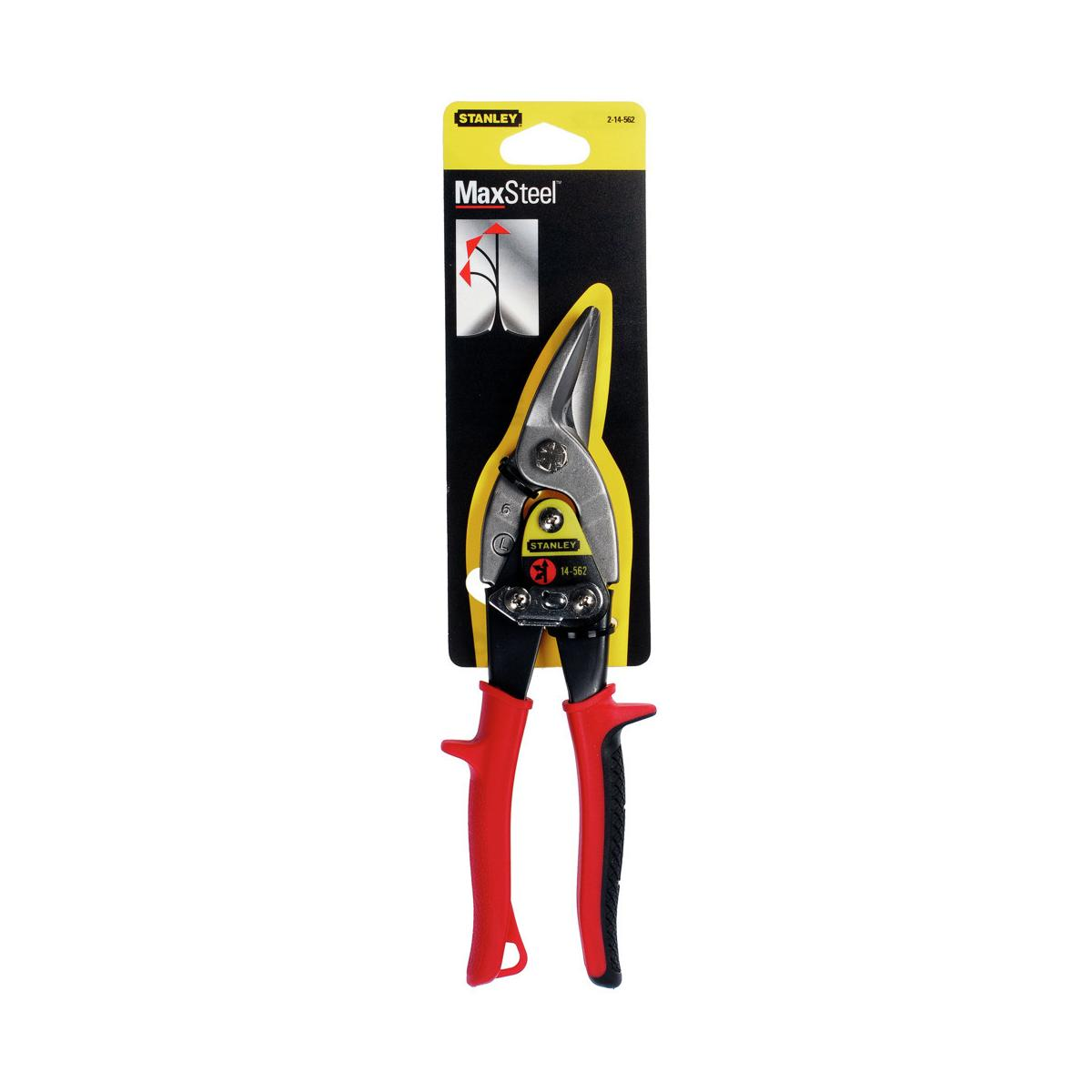 Stanley MaxSteel sac makası kırmızı saplı, paketlenmiş.