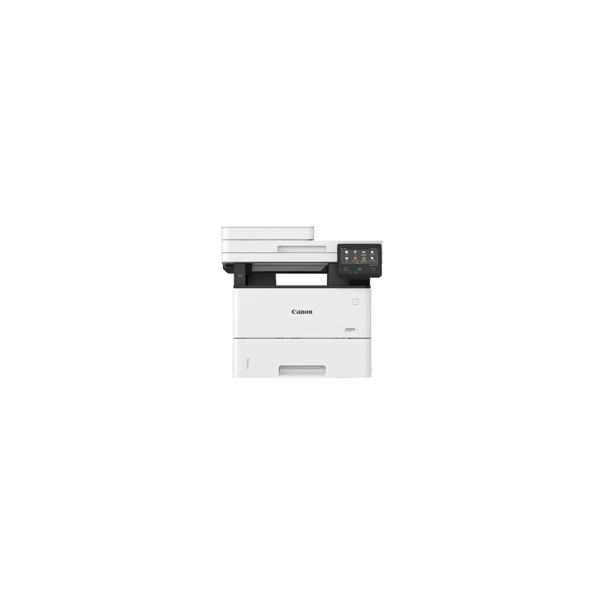 Ein weißer Canon Laserdrucker mit Scanner und Bedienfeld steht im Vordergrund.