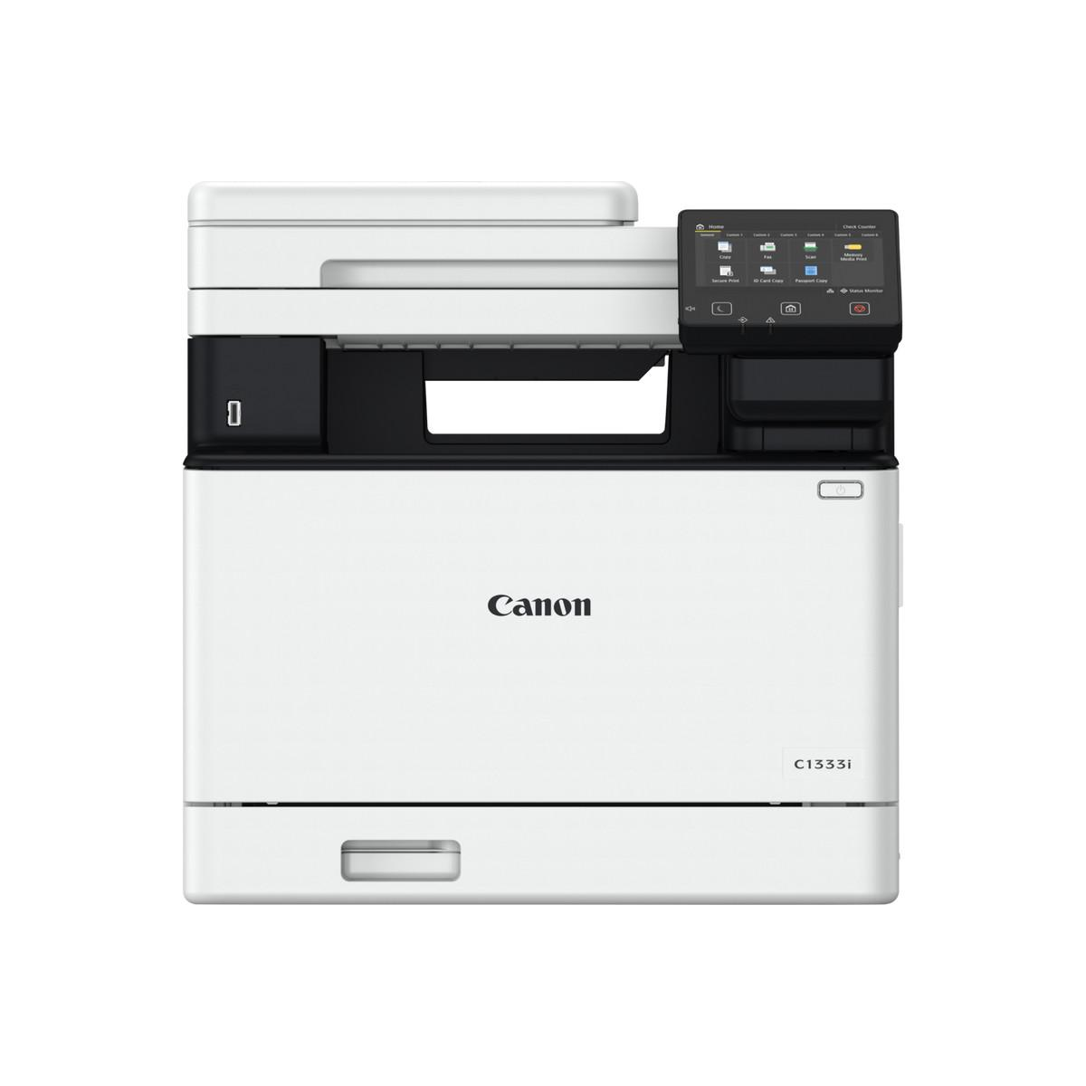 Una stampante Canon C1333i bianca con scanner nero e touchscreen a colori.