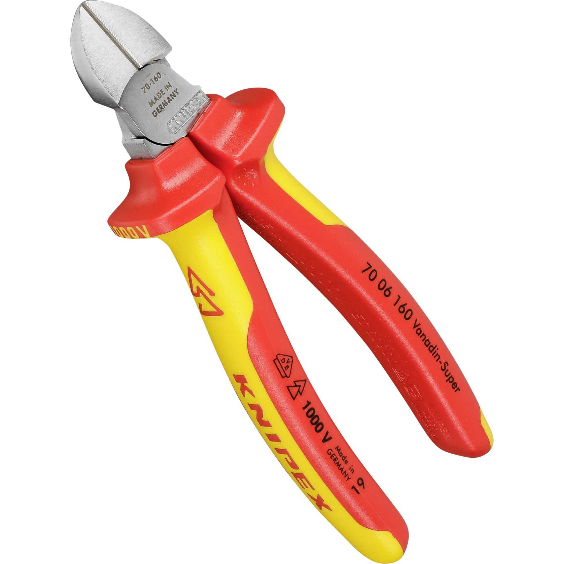 Rote und gelbe isolierte Kombizange mit Metallscherkopf, Made in Germany.