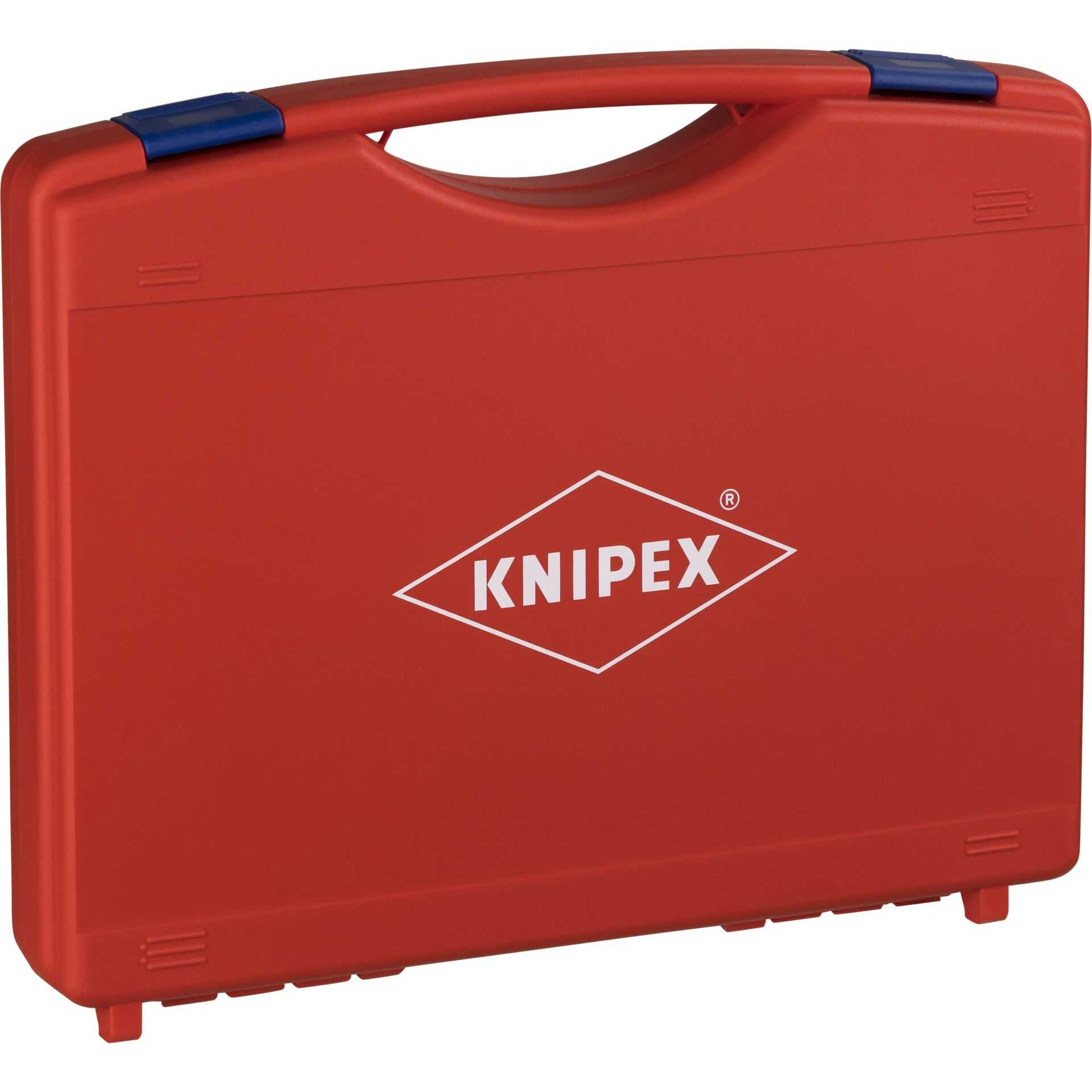 Roter Werkzeugkasten mit KNIPEX-Logo und blauem Griff.