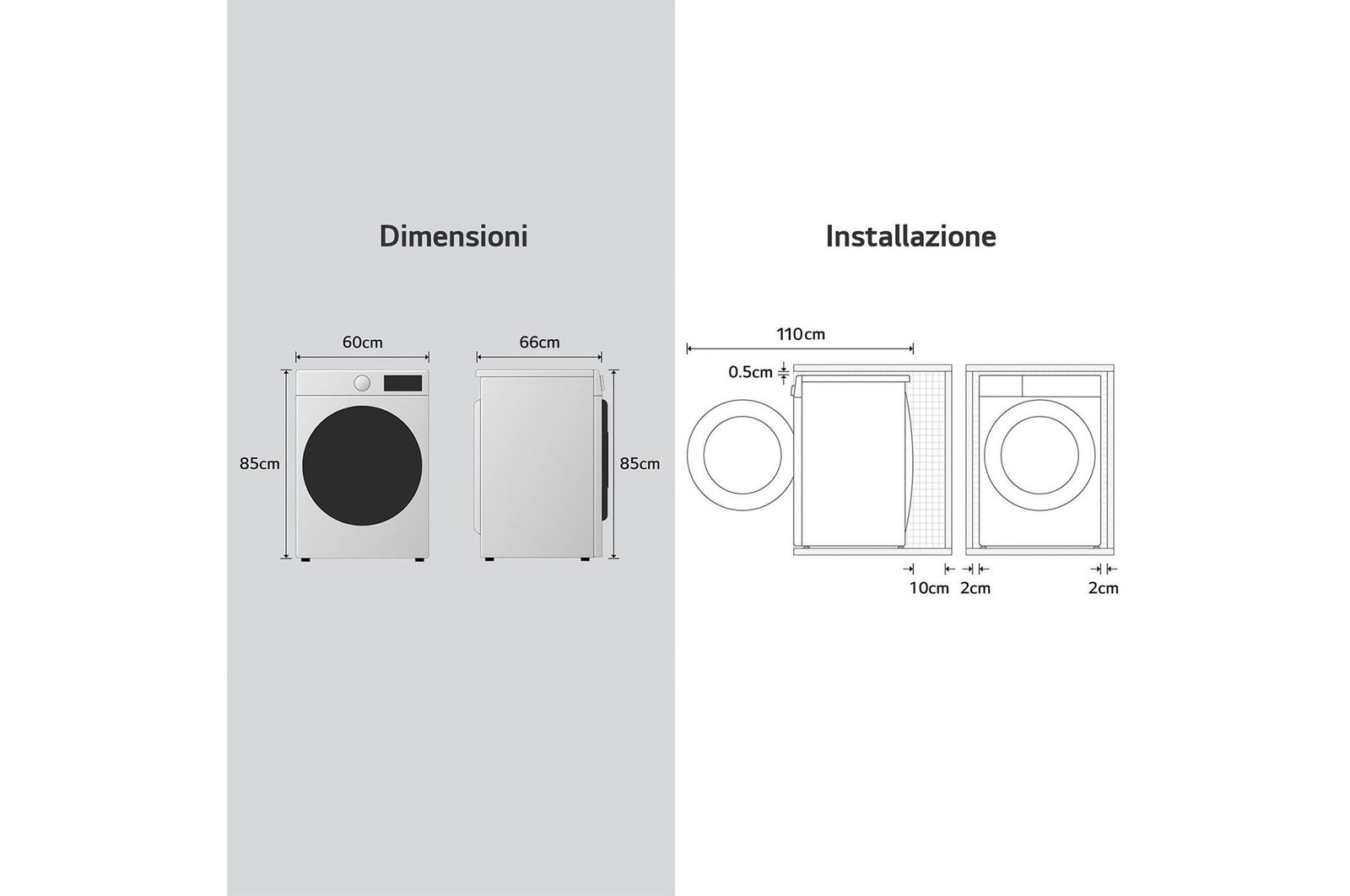 Diagramma mostra lavatrice con dimensioni 60x85x66cm e distanze installazione.