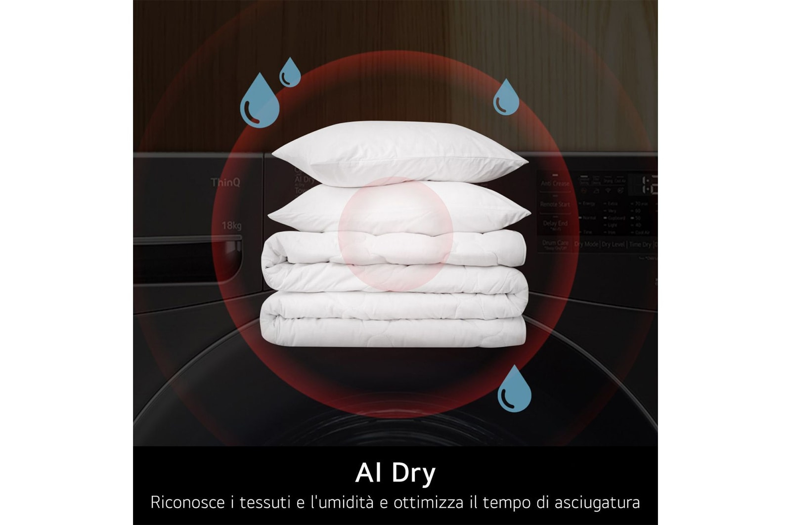 Cuscini bianchi e piumone impilati su un'asciugatrice nera, con icone a goccia.