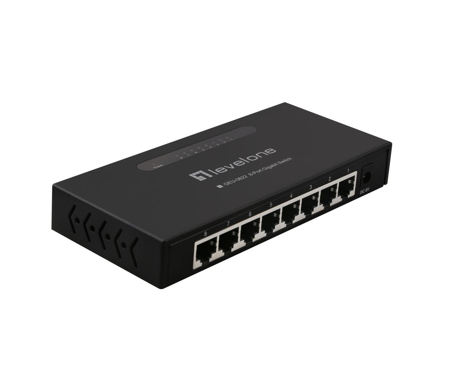 A black LevelOne 8-Port Gigabit Switch with numbered ports and DC power input.