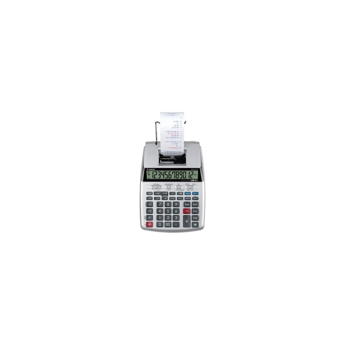 Une calculatrice Canon argentée avec imprimante affiche un nombre et un reçu.
